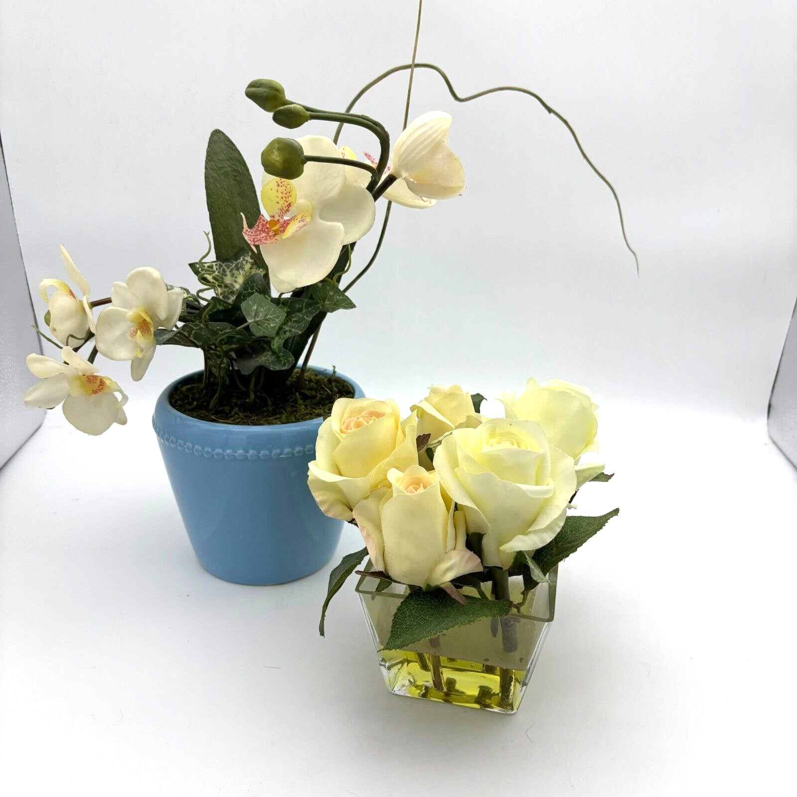 Vintage Floral Arrangement Set White Roses Blue Vase 1970s Retro Style Flowers