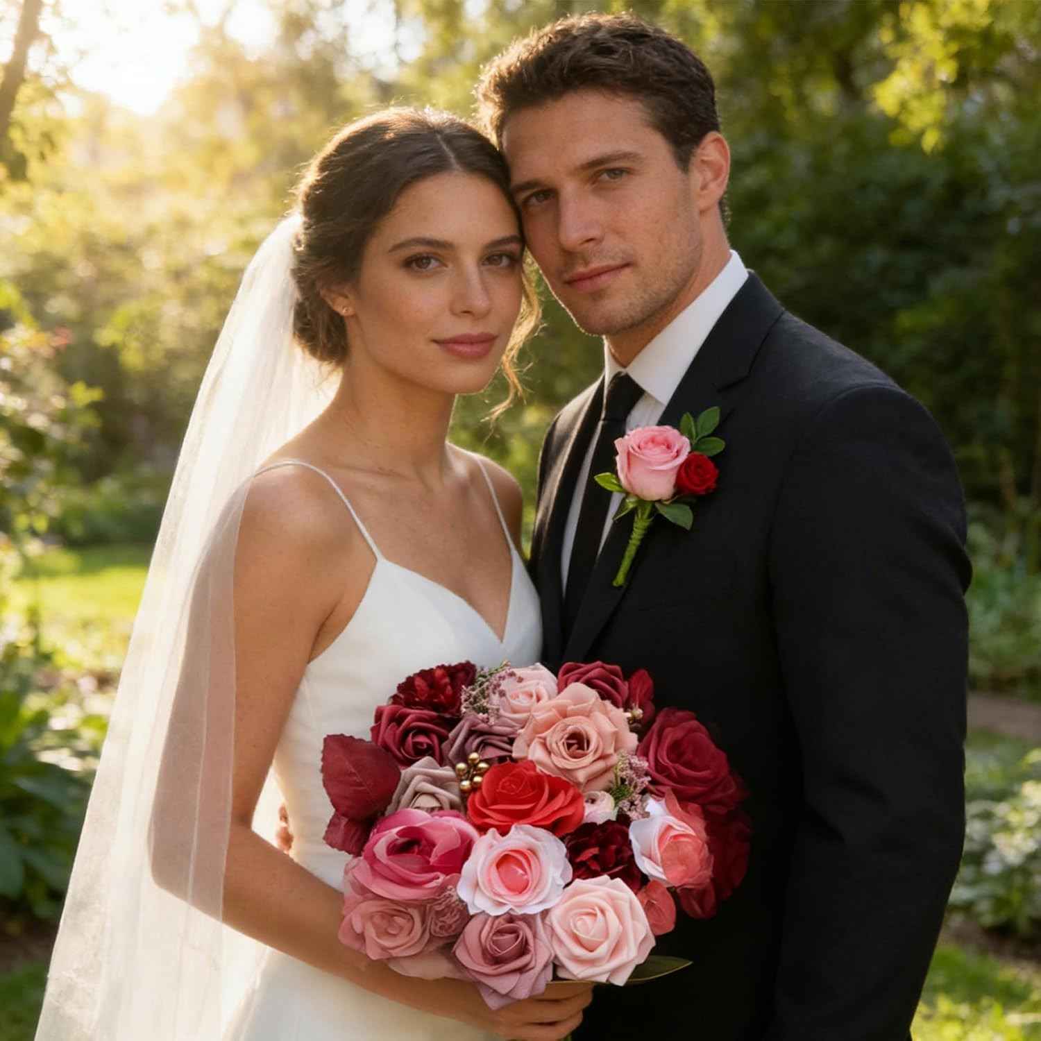 Red Artificial Silk Flowers Combo with Pompom, Roses & Red Stems for DIY Wedding