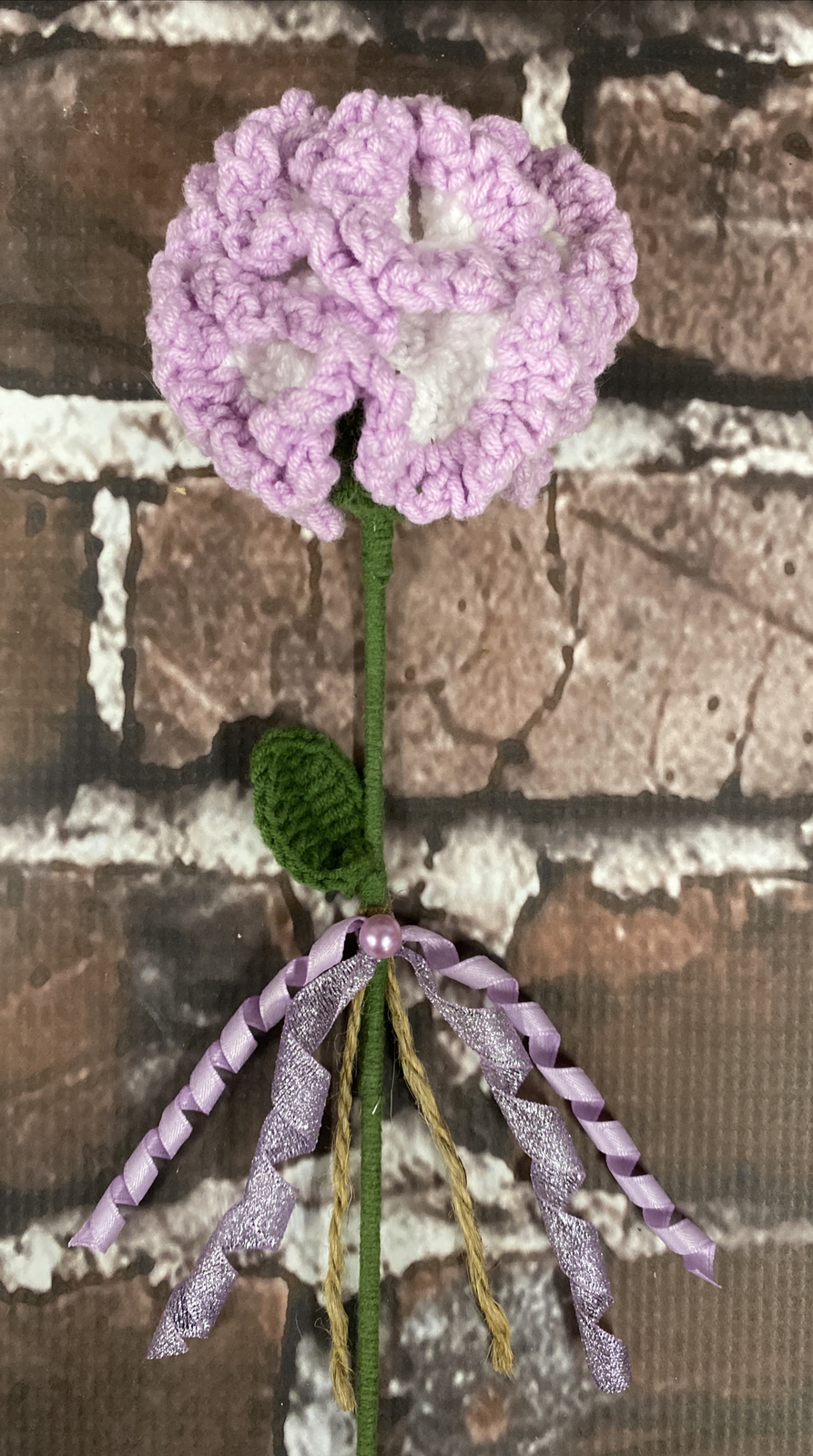 Handmade Crochet Knitted Flower Bouquet – Purple & White Carnation with Ribbon
