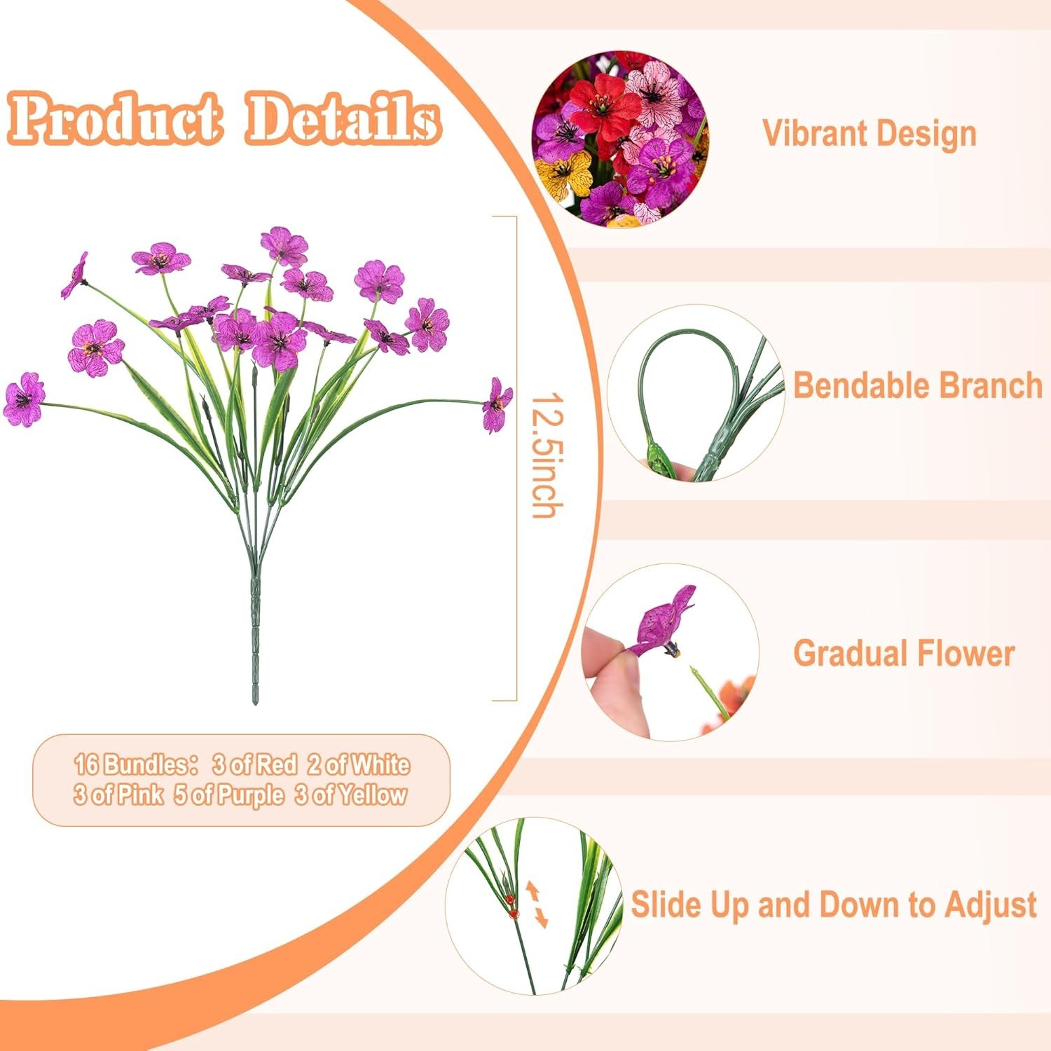 16 Pcs Artificial Fake Flowers for Outdoor Spring Decoration, Faux Silk Flowe…