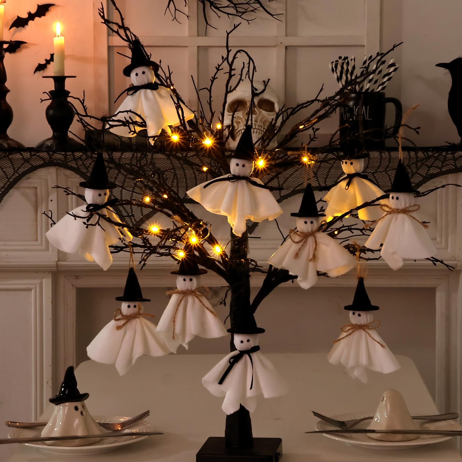 Halloween Decor Black Tree: 27″ Spooky Lighted Artificial Tree with 10pcs Hat…