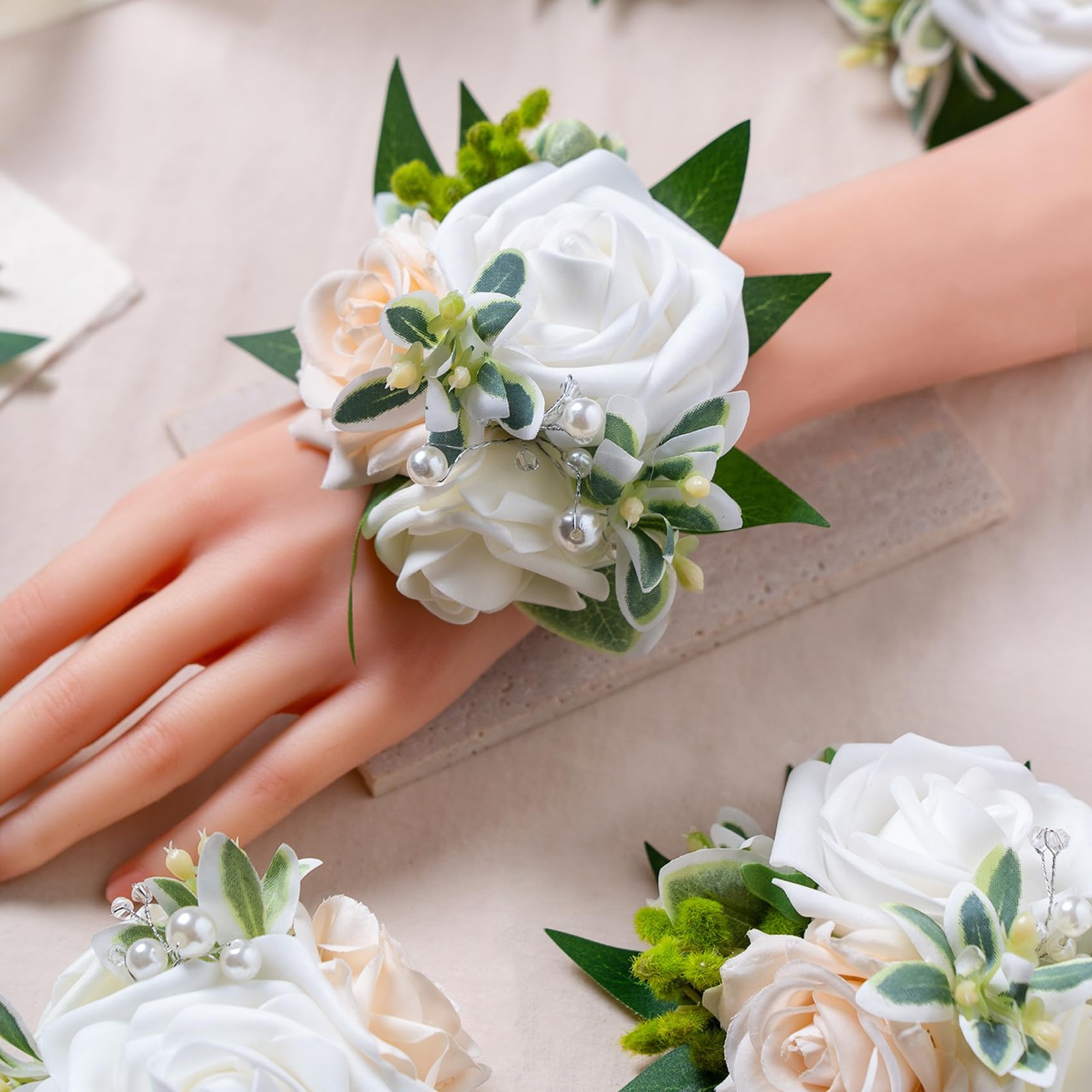 6 PCS White Wrist Corsage Homecoming Flower Girl Bridesmaid Wedding Prom Decor
