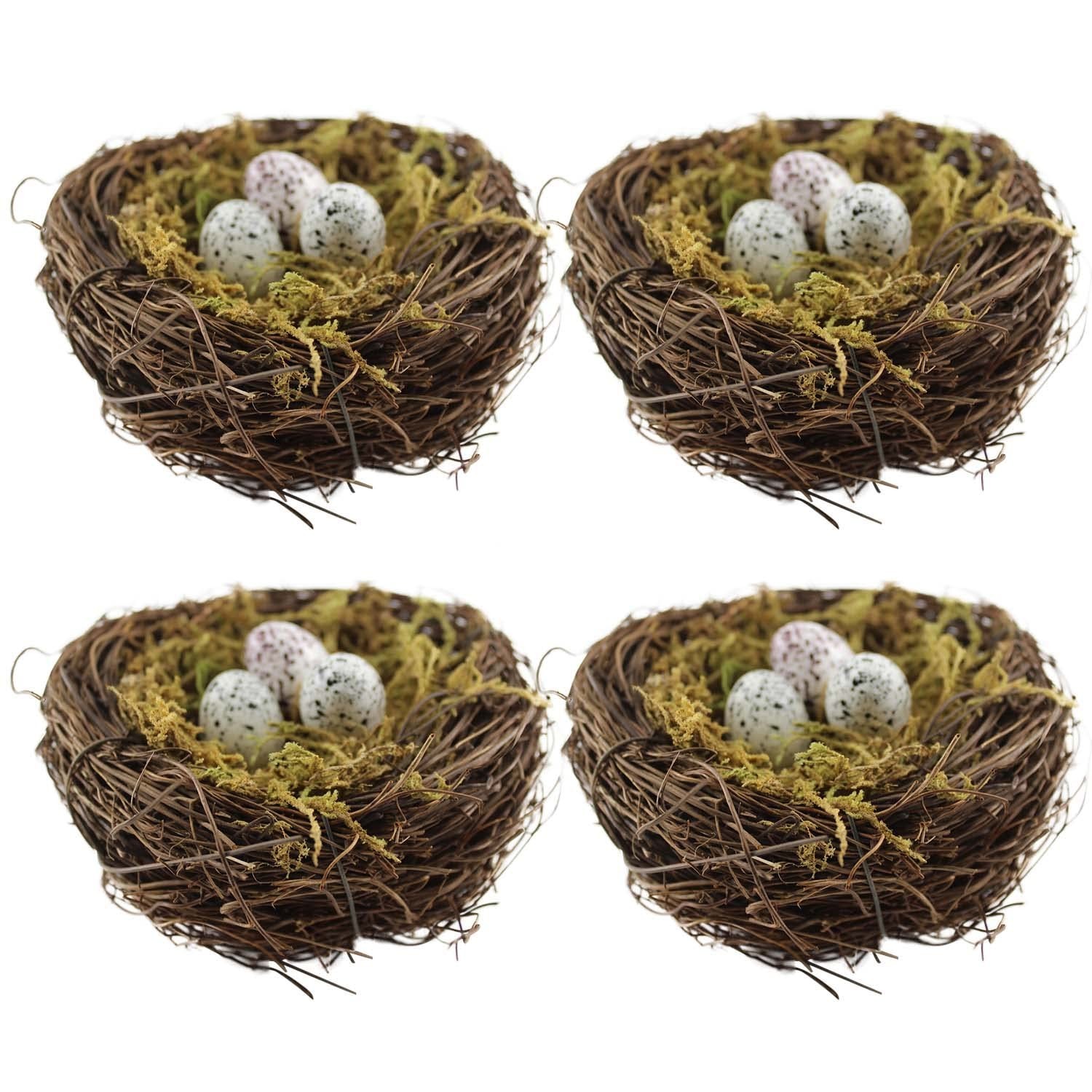 Handmade Rattan Birds Nest Set of 4 with 12 Artificial Eggs & Moss for Easter De