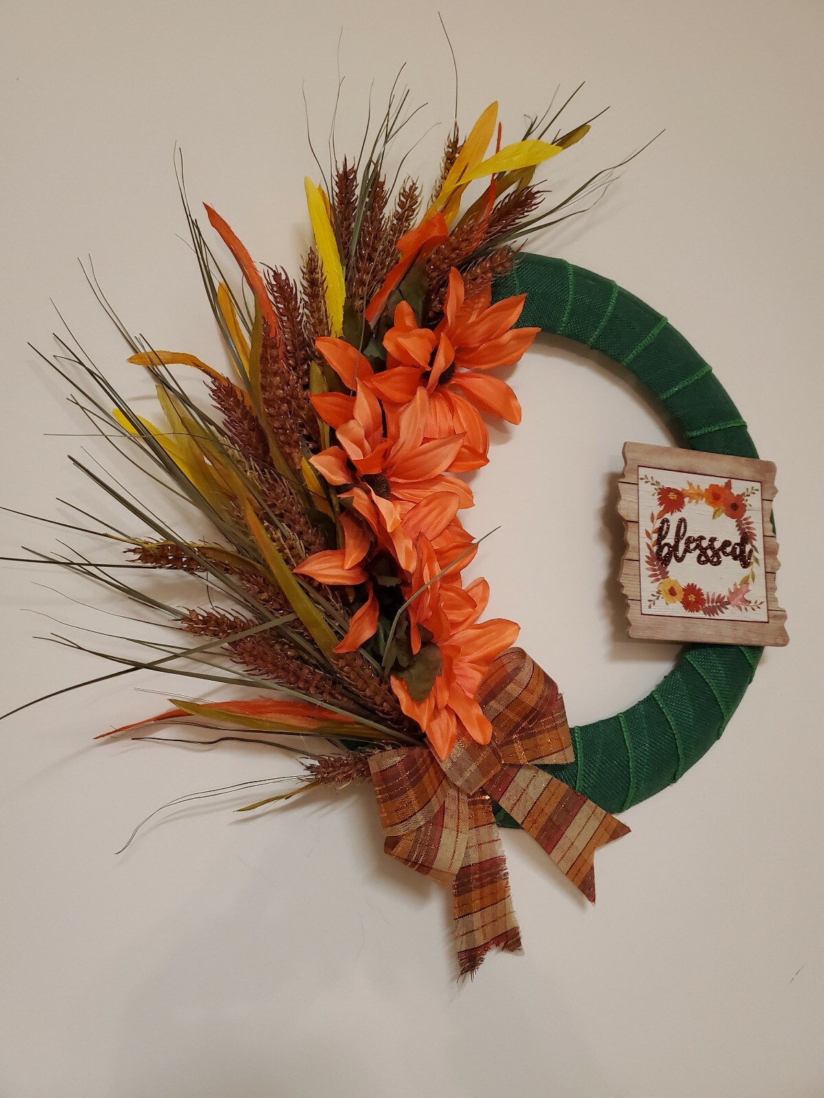 BLESSED wreath Asters Wheat orange Green burlap mesh FALL AUTUMN Decor Door 15″