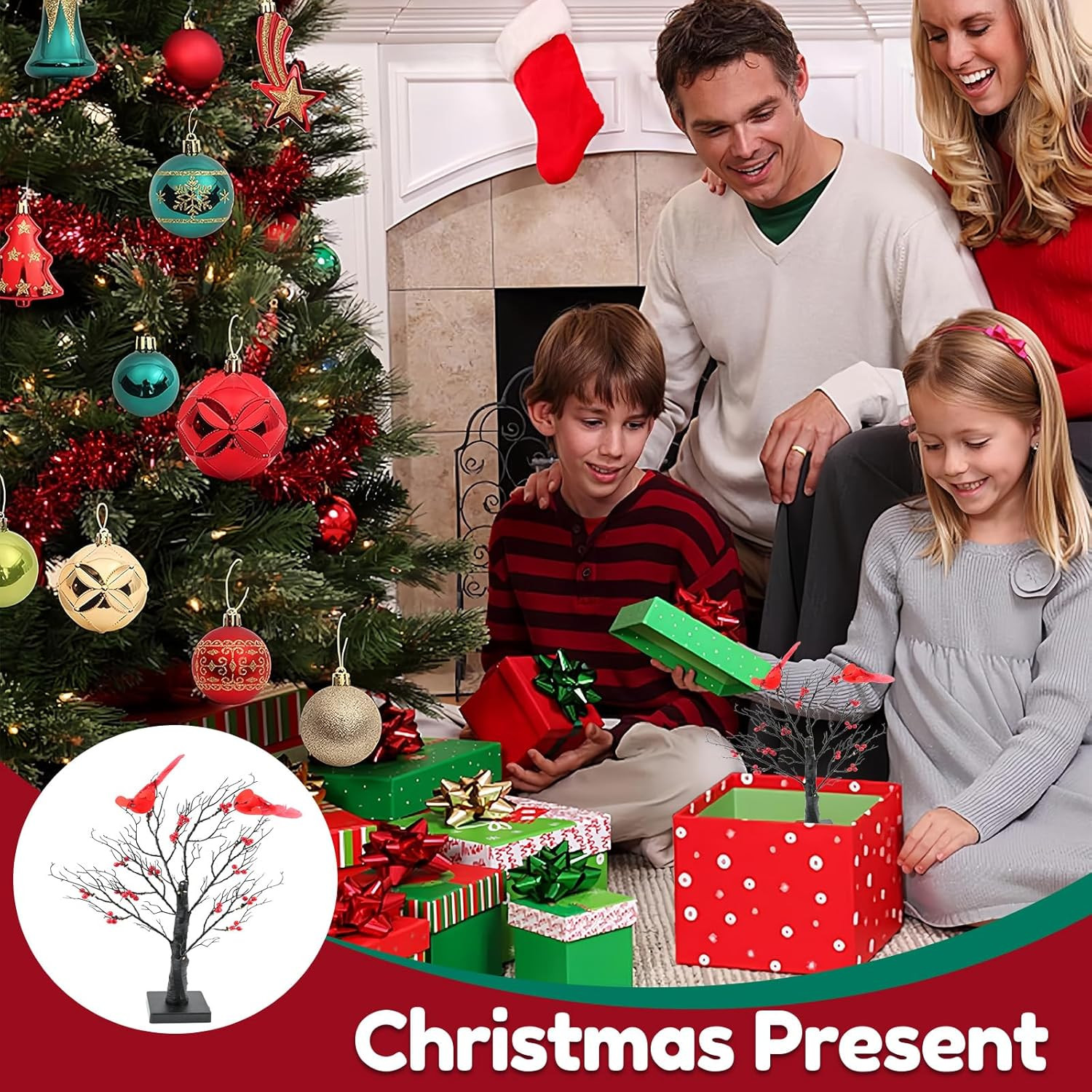 Set of 2 Vintage Glowing Trees with Cardinals, Dual Power USB/Battery Operated L