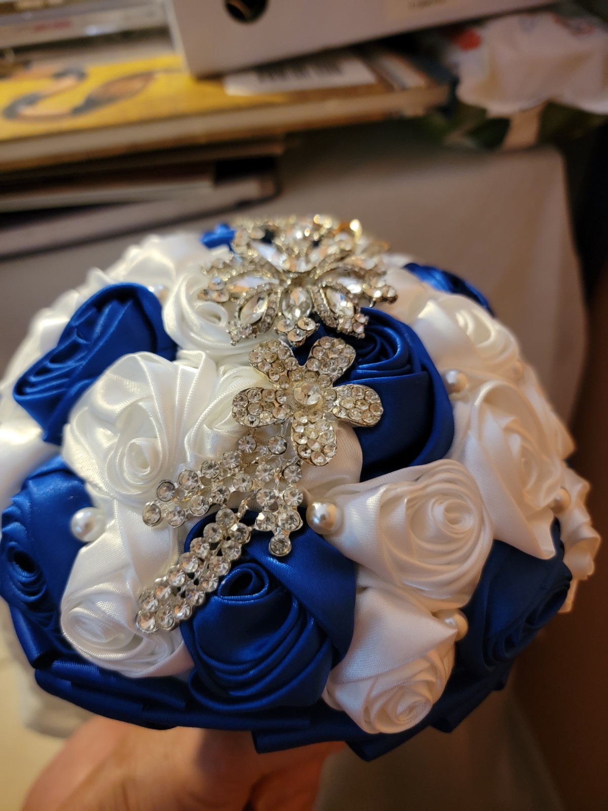 SET Bridal Wedding Bouquet Rhinestone Throw Toss Crystal Satin PLUS Flower Girl