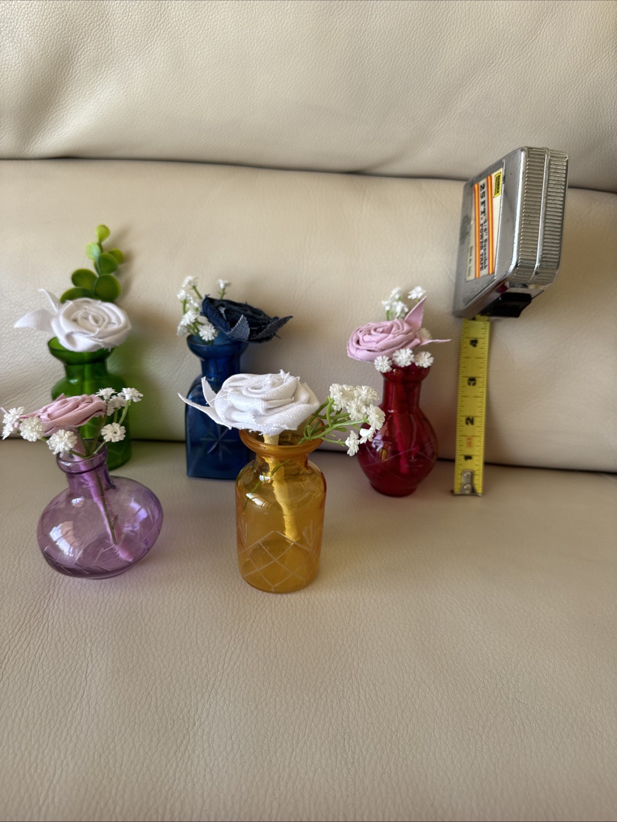Five Small Upcycled 3 1/2” Vases With Coordinating Colors Handmade Denim Roses