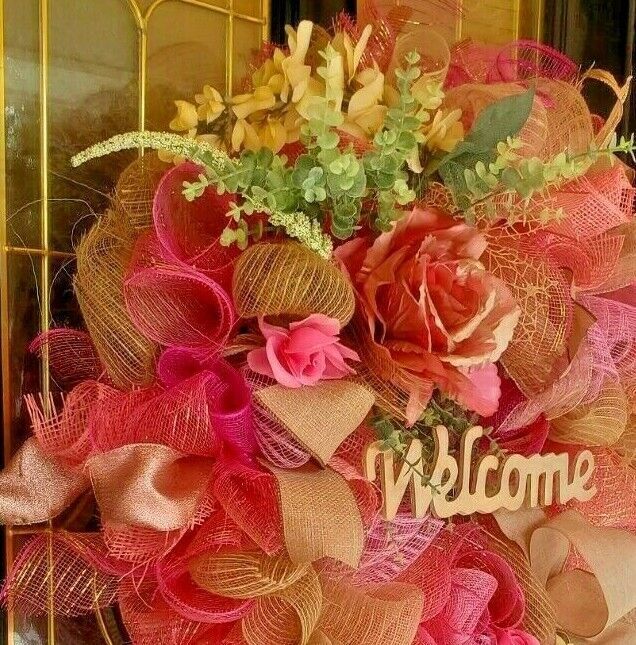 Large Spring Summer Burlap Deco Mesh Wreath Pink Rose Farmhouse Front Door Decor