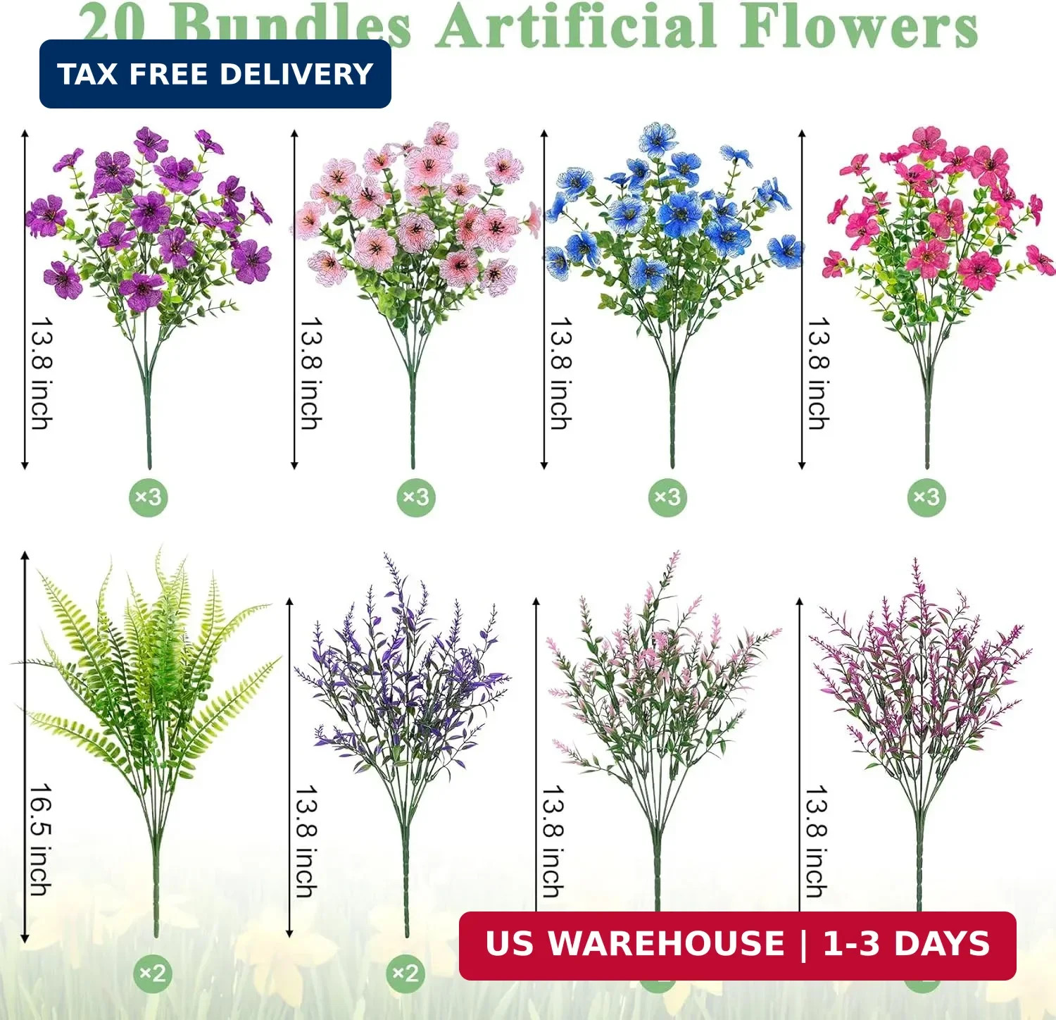 20 Bundles Artificial Flowers for Outdoors, UV Resistant Silk Fake Flowers with