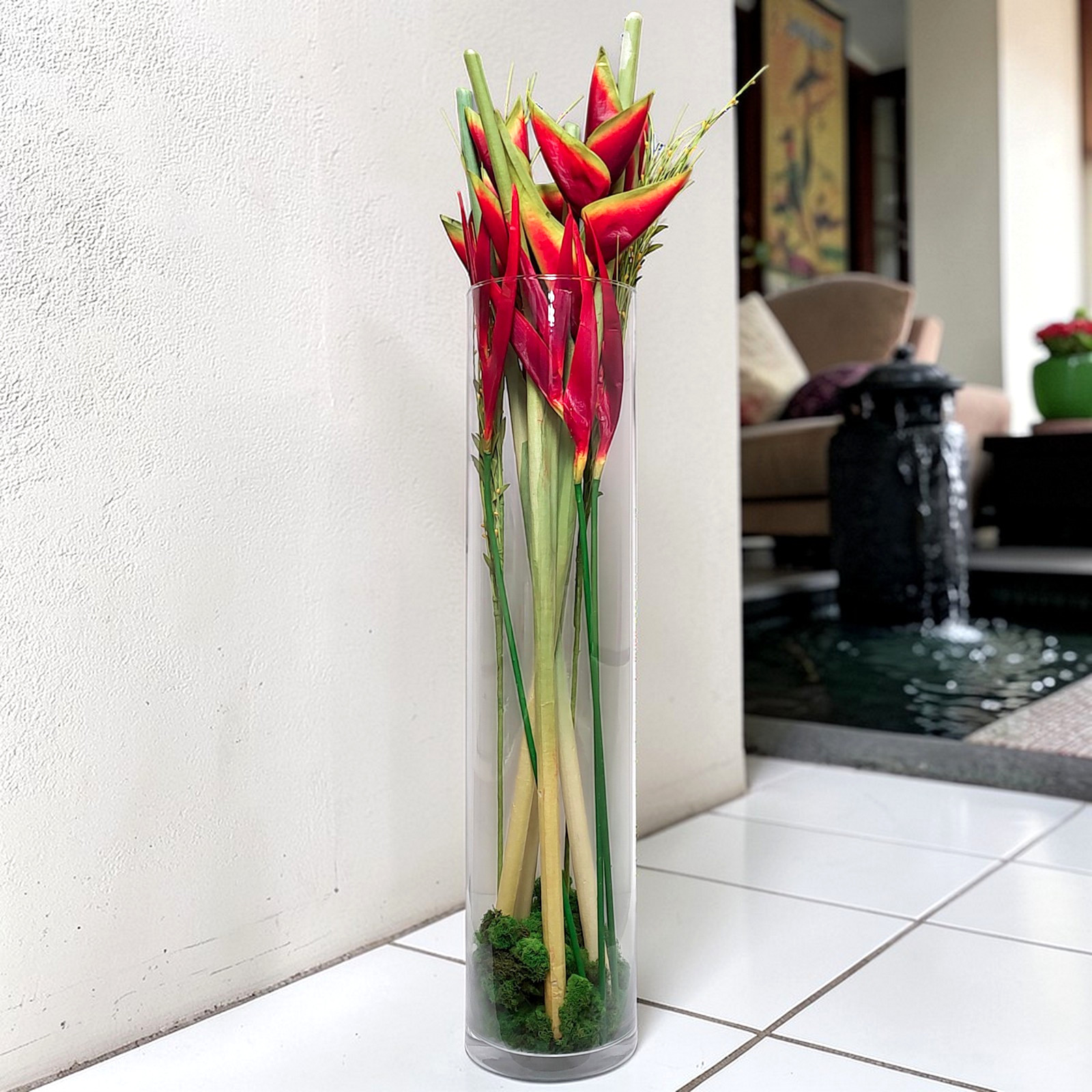 37″ Realistic Heliconia Iris Red Arrangement In Clear Glass Cylindar Floor Vase