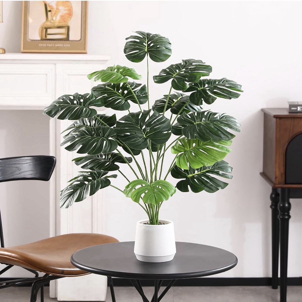 Artificial Monstera Houseplant, 26.3in, 16 Leaves, White Pot