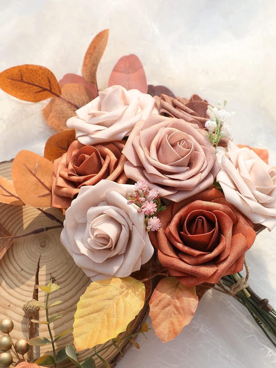 Artificial Flowers 25pcs Real Looking Burnt Orange Foam Fake Roses with Stems Fo