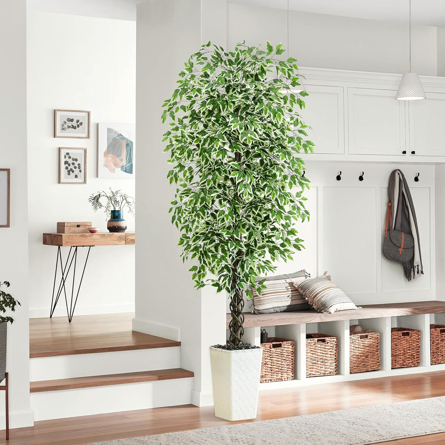 7FT Artificial Ficus Tree with White Planter – Lifelike Indoor/Outdoor Decor