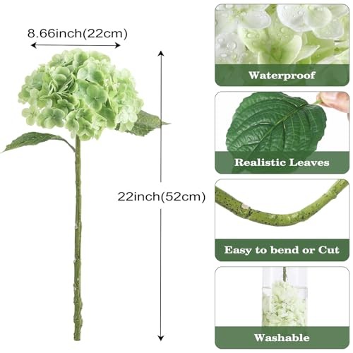 4Pcs Hydrangea Artificial Flowers Lifelike Faux Hydrangea 4pcs Light Green