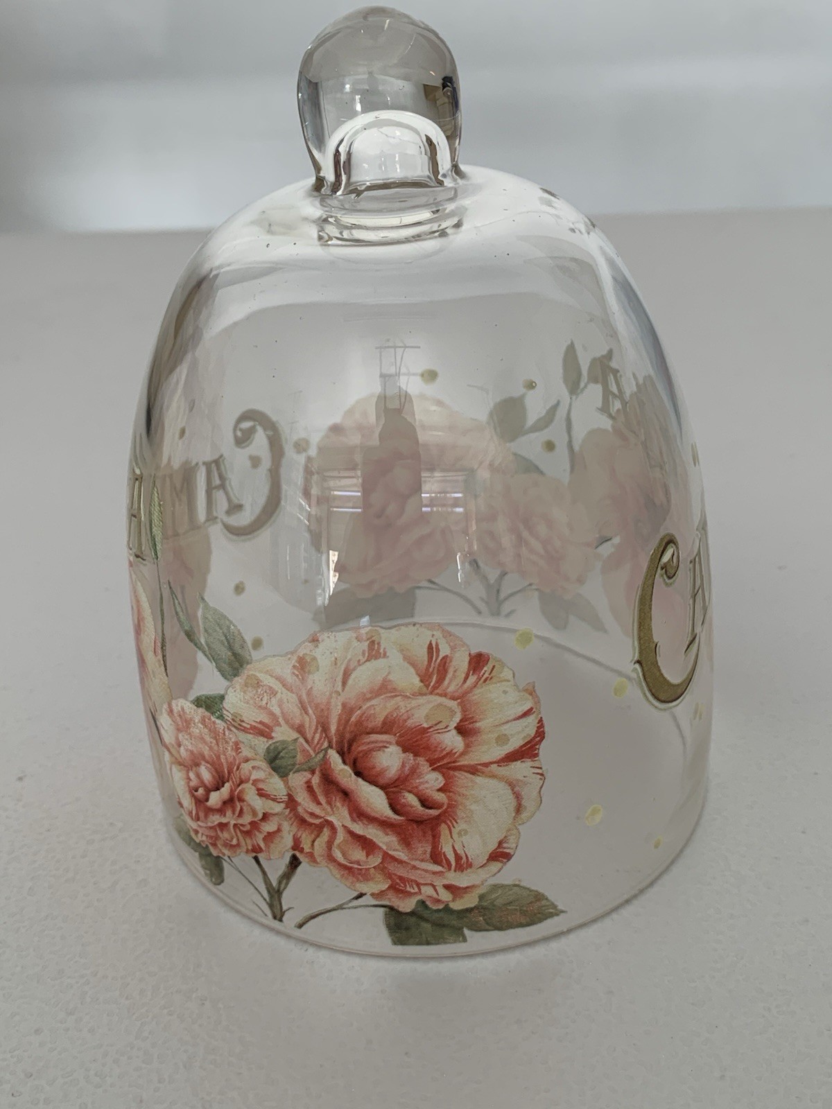 Vintage Style Clear Glass Bell Cloche Camelia 1926 Pink Rose Flower Display Dome