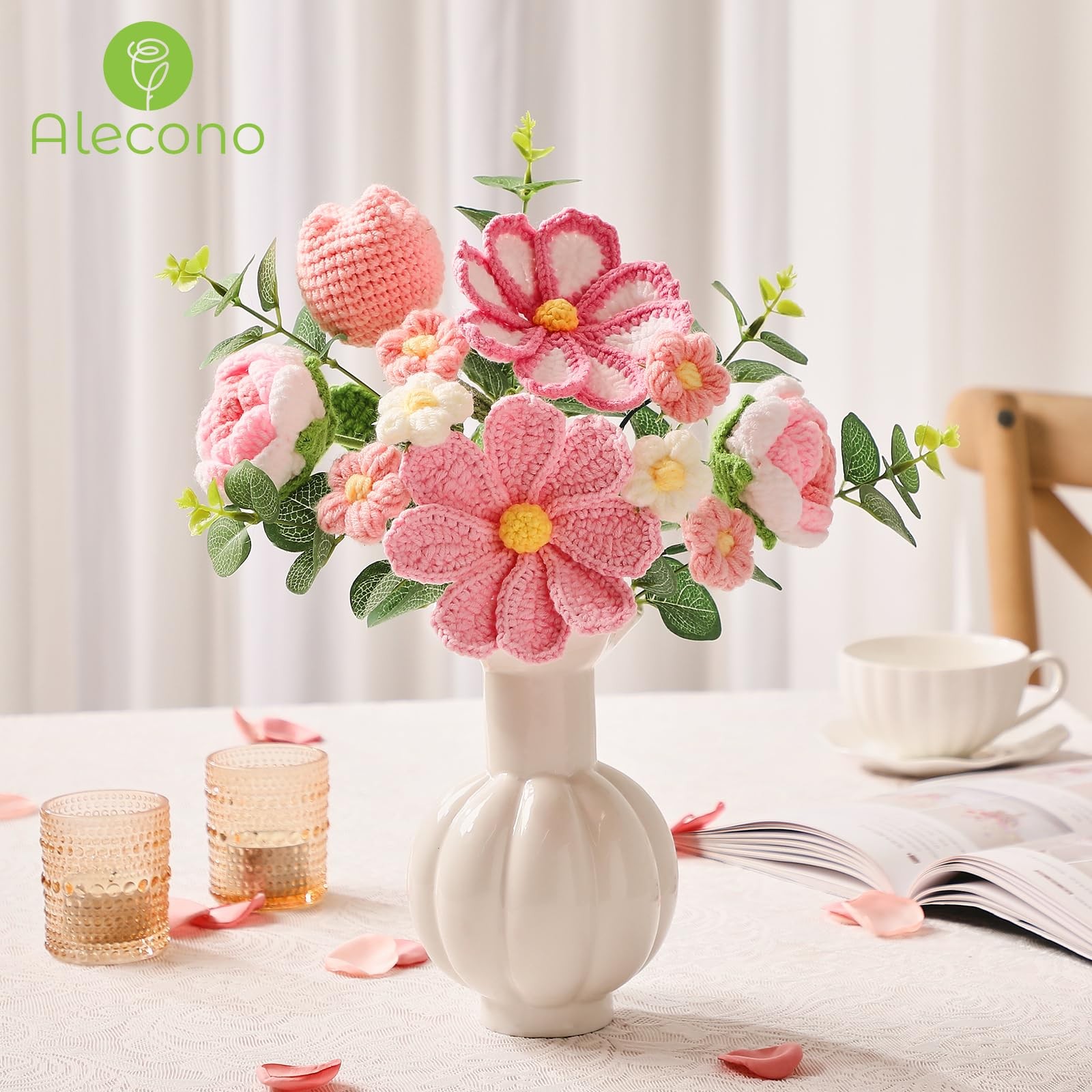 Alecono Crochet Flower Bouquet, Pink Handmade Knitted Flowers, Crochet Tulips…