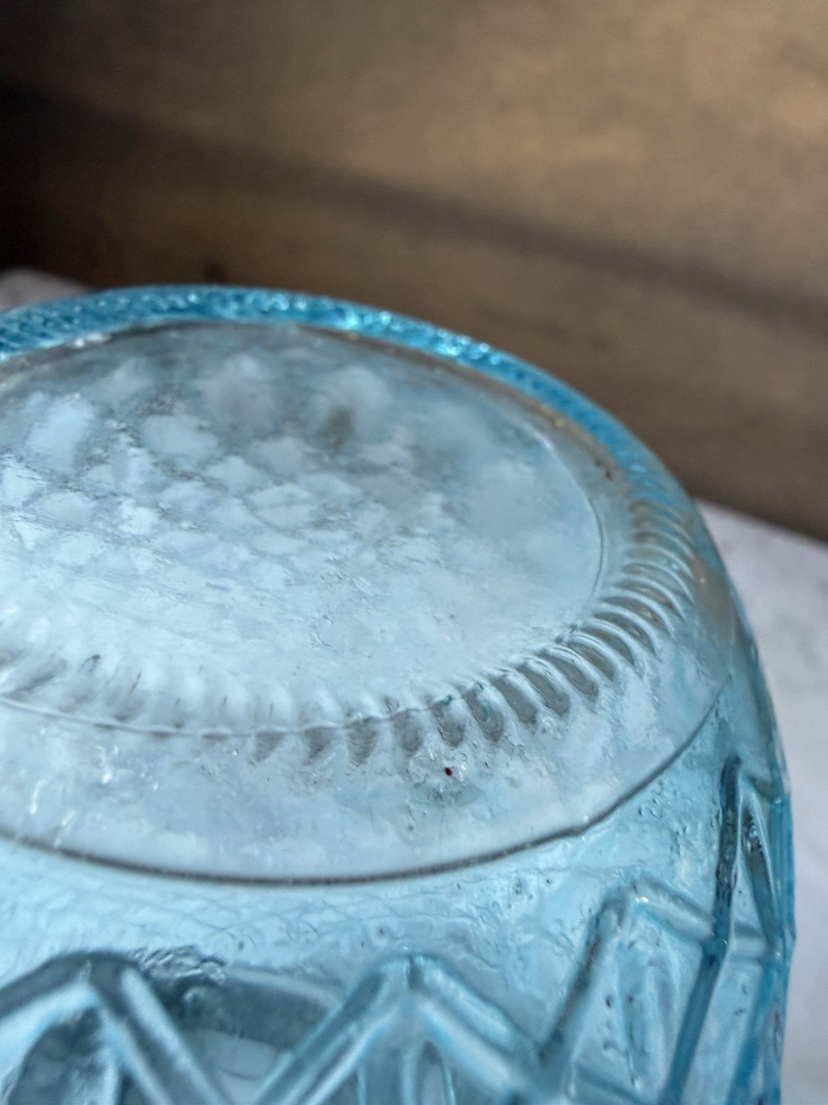 Vintage Style Blue Glass Flower Jar with Galvanized Floral Grid Lid, 5.4″
