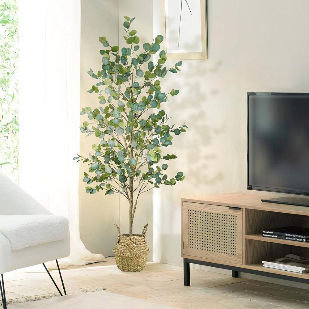 72 in Artificial Eucalyptus Outdoor Fake Floor Plants with Natural Wood Trunk