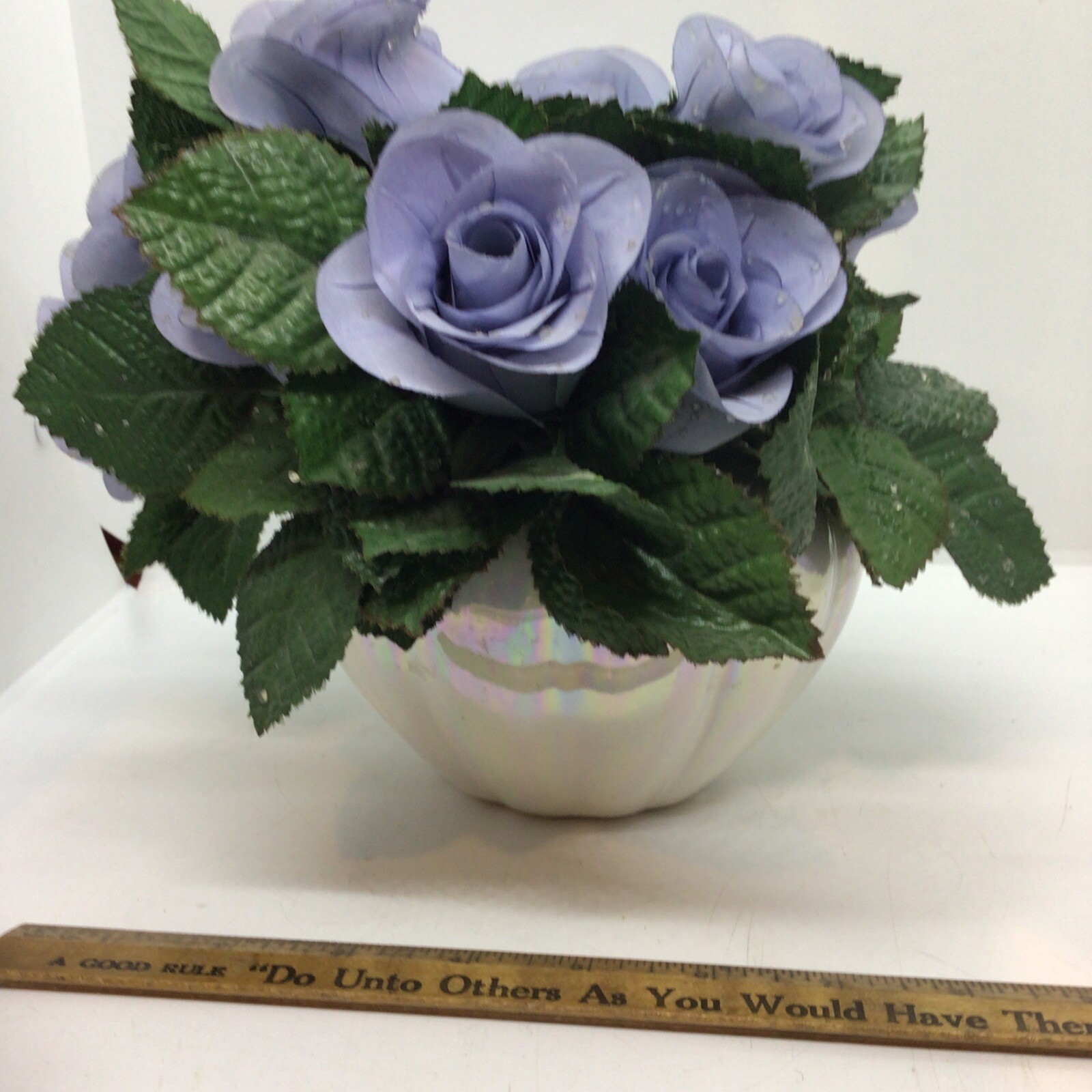 Artificial Violet Planter Basket Faux Indoor House Plant Mother Of Pearl Vase