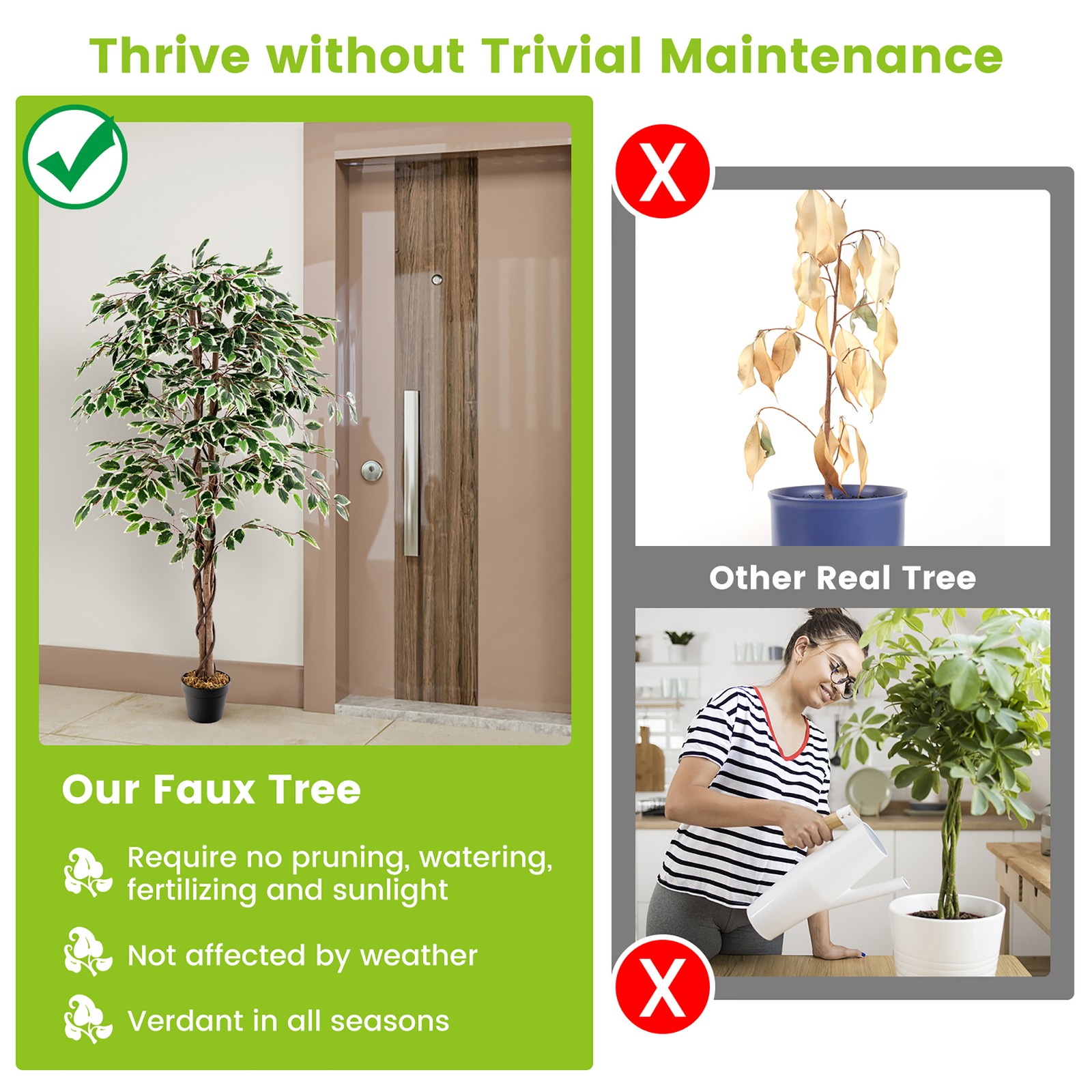 Artificial Ficus Tree Tall Faux Indoor Plant w/ 1008 Leaves Natural Wood Trunk