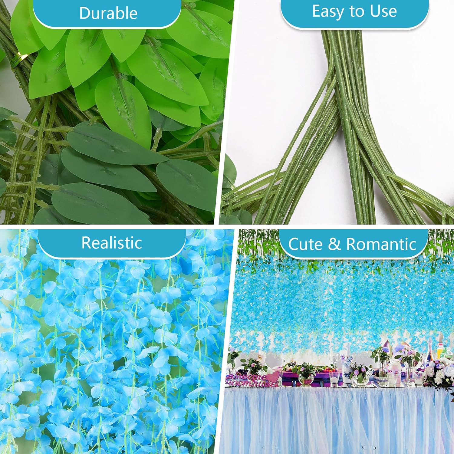 48Pcs Blue Wisteria Garland – 3.6Ft Fake Flowers for Wedding & Home Decor