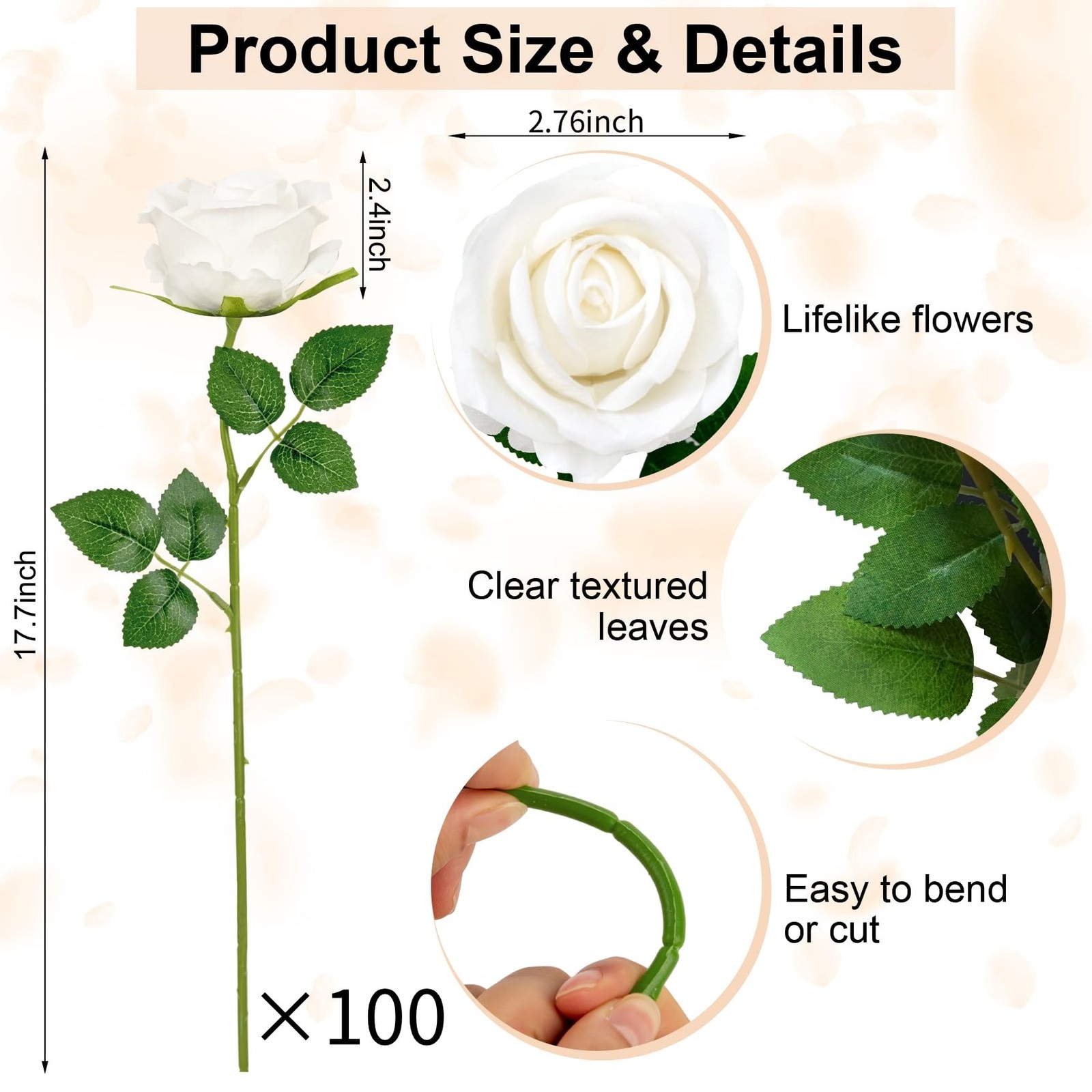 Ouddy Decor 100 Pcs Artificial White Roses – Long Stems
