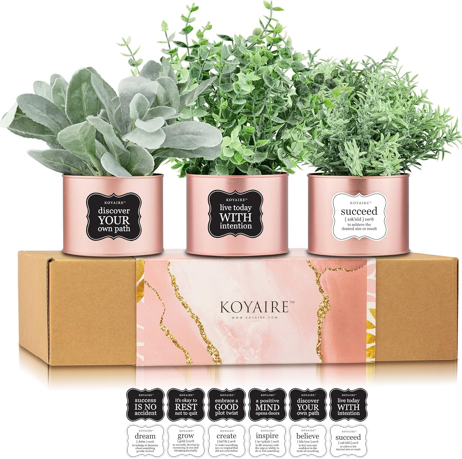 3 Motivational Faux Plants for Desk – Rose Gold Decor for Office – Small Home Ac