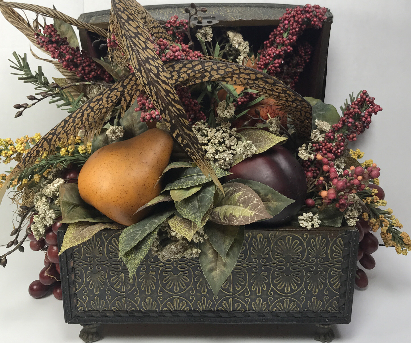 Designer Arrangement Feather Silk Floral Fruit 17” HomeDecor Metal Texas Box EUC