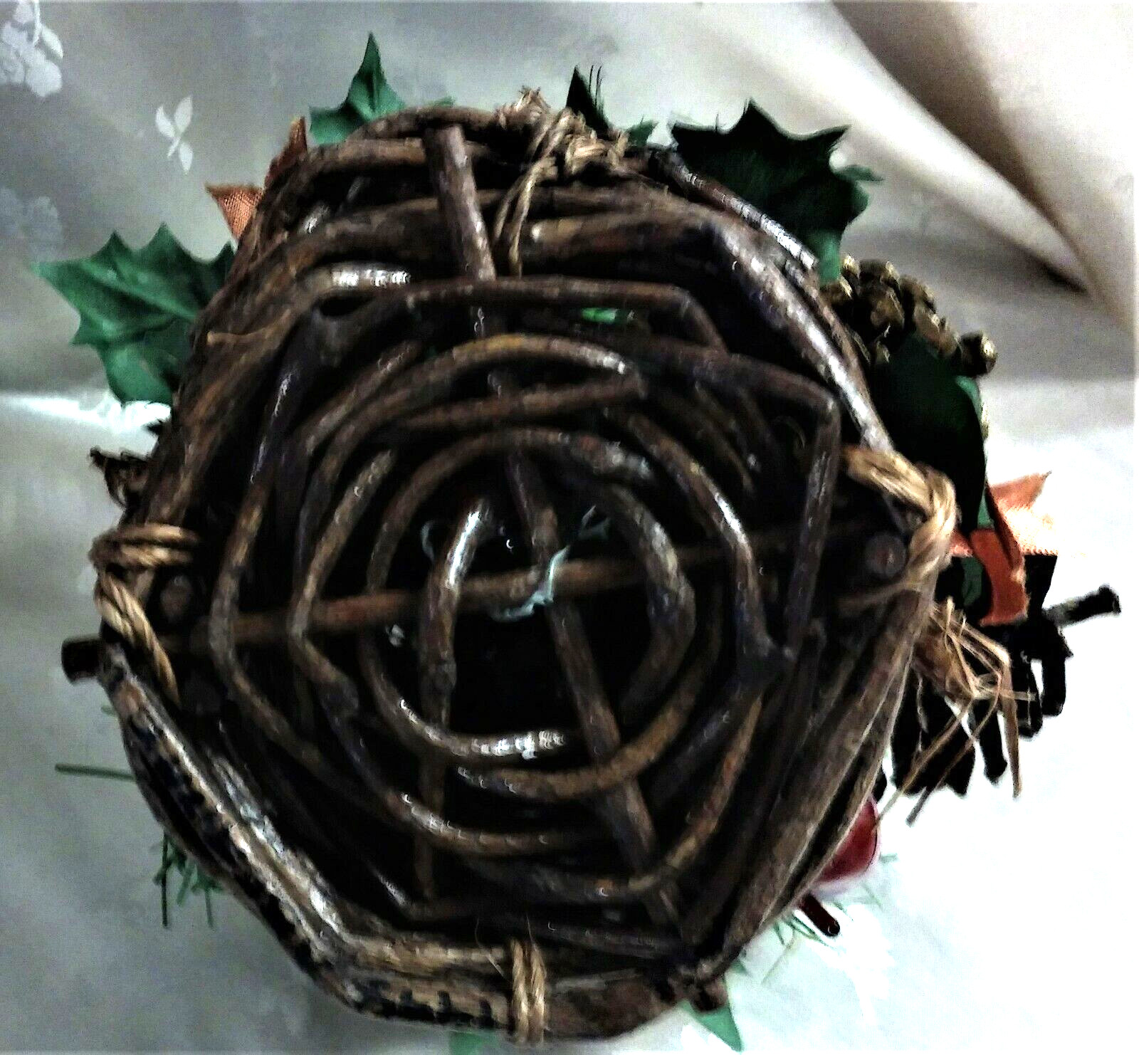 NWT Artificial Christmas Fruit & Greenery Rustic Basket w/Cones & Ribbon 9″Tall