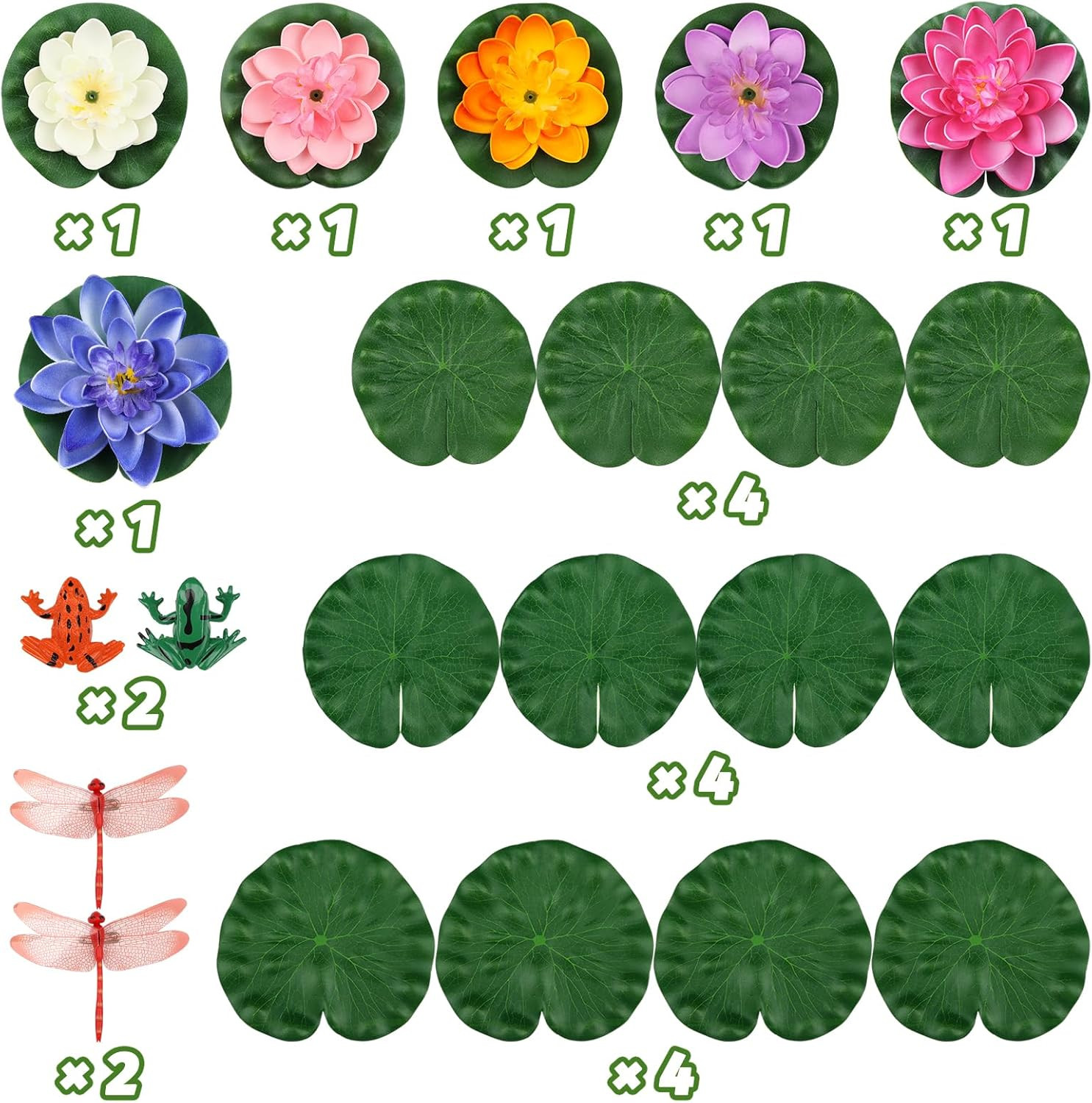 22 Pack Artificial Floating Foam Lotus Flowers with Artificial Frog Lotus Leaves