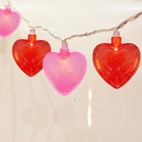 Heart String Lights, 8.5Ft Valentine’s Day Decorations Pink/Red Glitter Heart