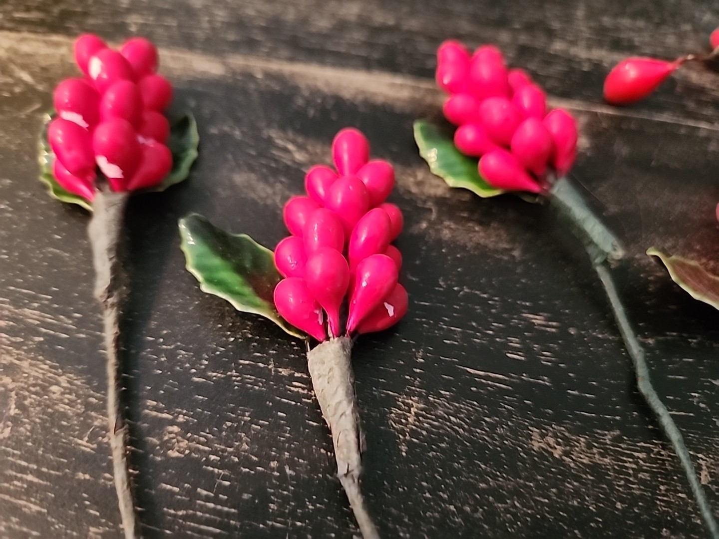 Vintage Asian Lacquered Red Berry Clusters Hand Wired Wrapped on Mini Stakes 5