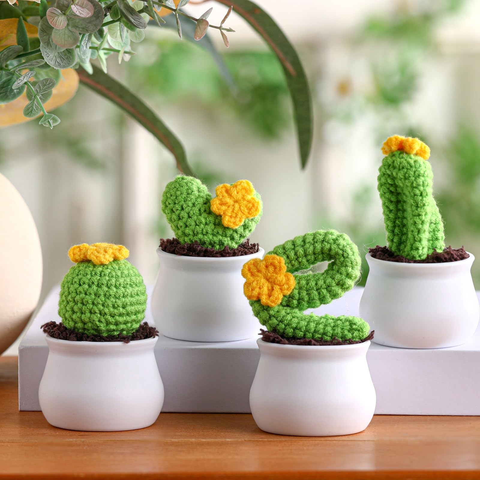 4 Pcs Crochet Cactus Love Knitted Potted Plants Mini Knitting Cactus Handmade…