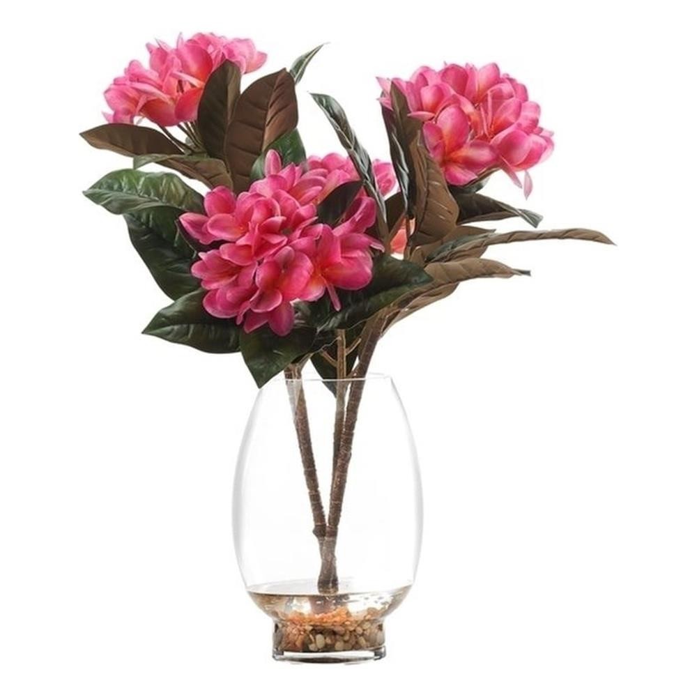 Pemberly Row Contemporary Beauty Frangipani in Glass Vase with River Rock
