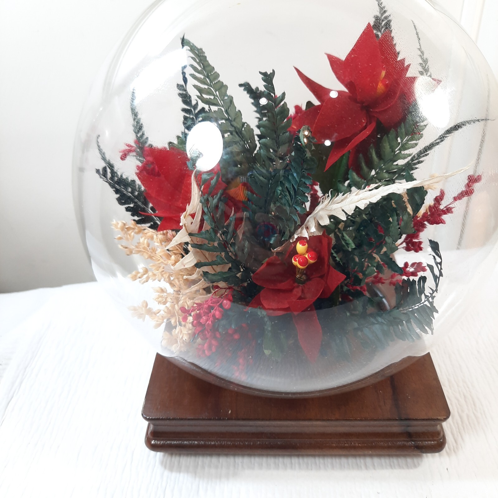 Vintage Floral glass globe terrarium wood base red poinsettia flower centerpiece