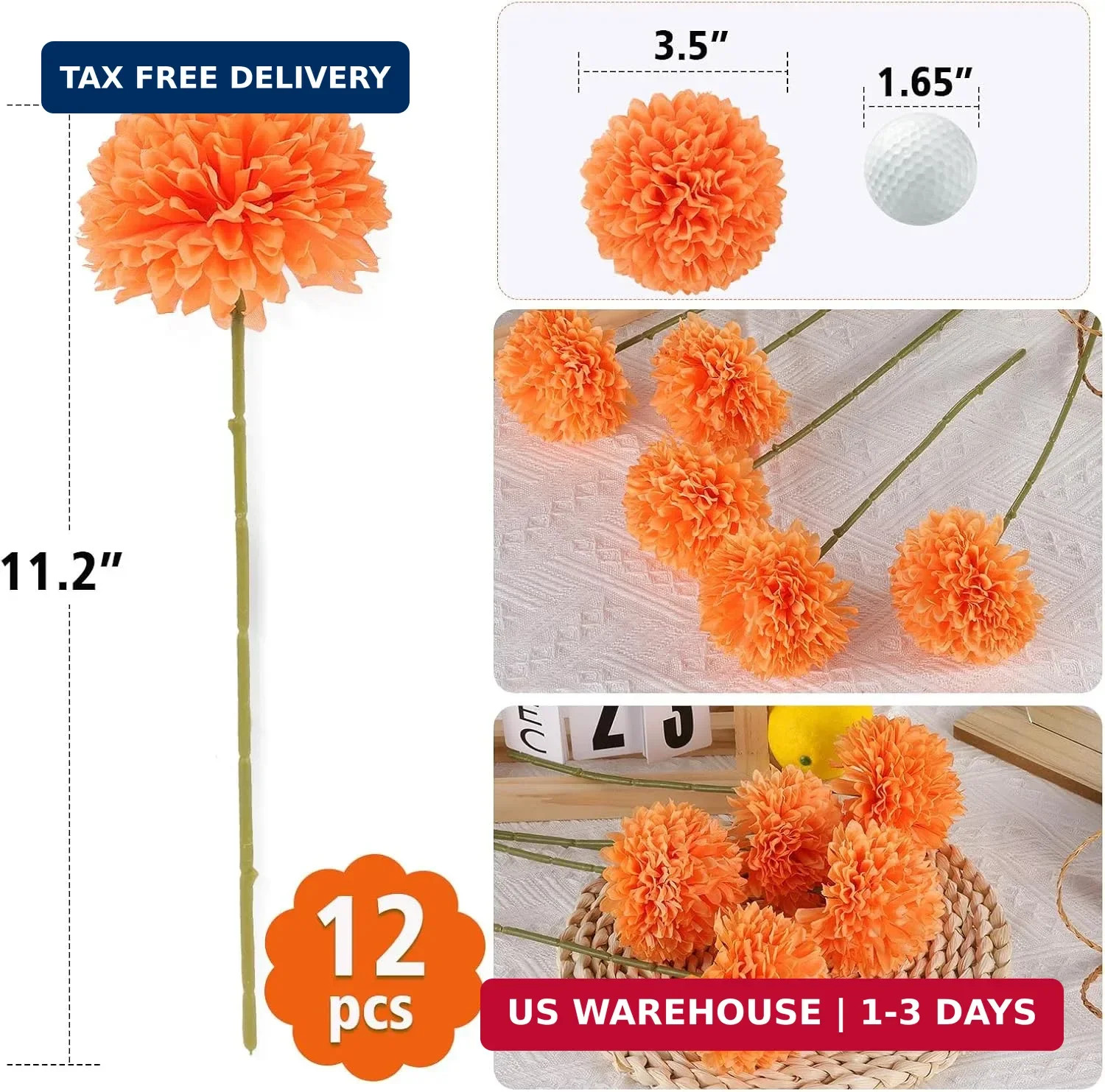 Rowfad 12 Pcs Artificial Chrysanthemums Fall Flowers Silk Orange Marigolds Flowe