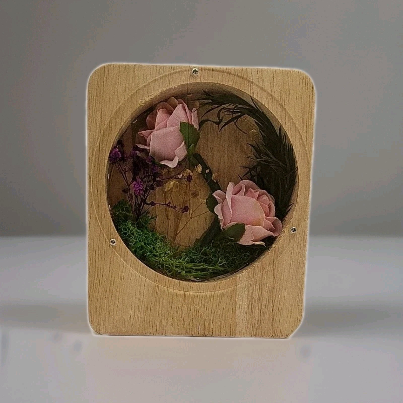 Pink Roses With Green Moss And Purple Flowers, In A Light Up Wooden Box