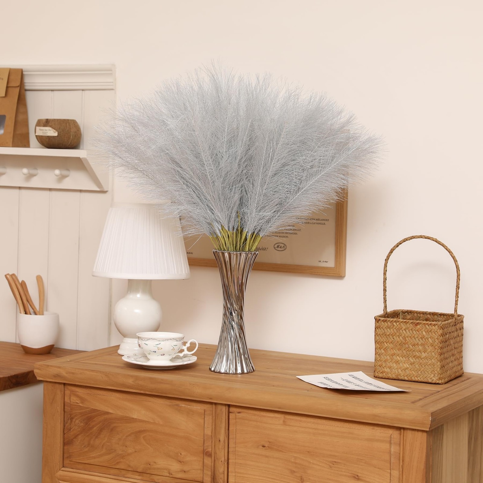 Faux Silver Pampas Grass 30 PCS 24 Inch Short Artificial Vase Filler Floral