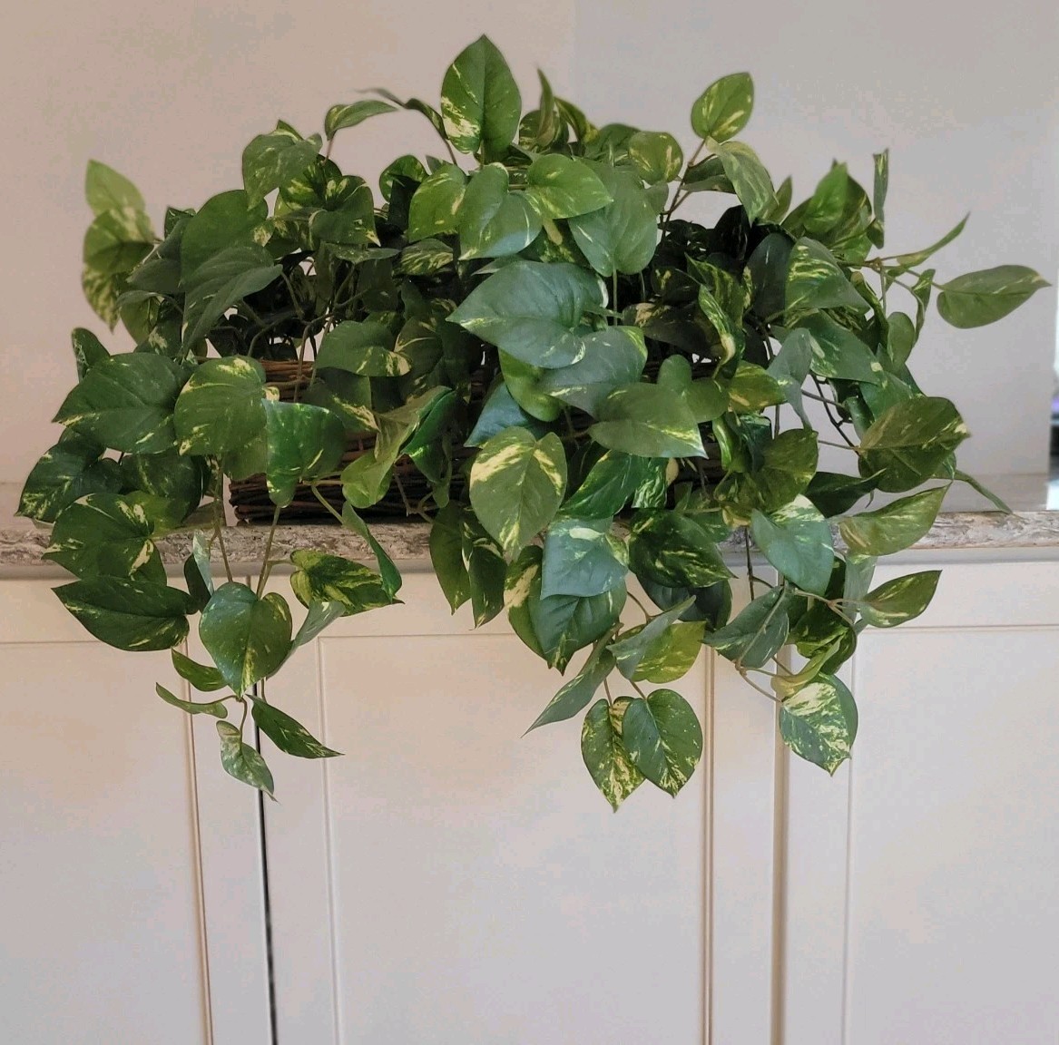 Indoor Faux Artificial Ivy Pothos Plant In Wicker Ledge Basket