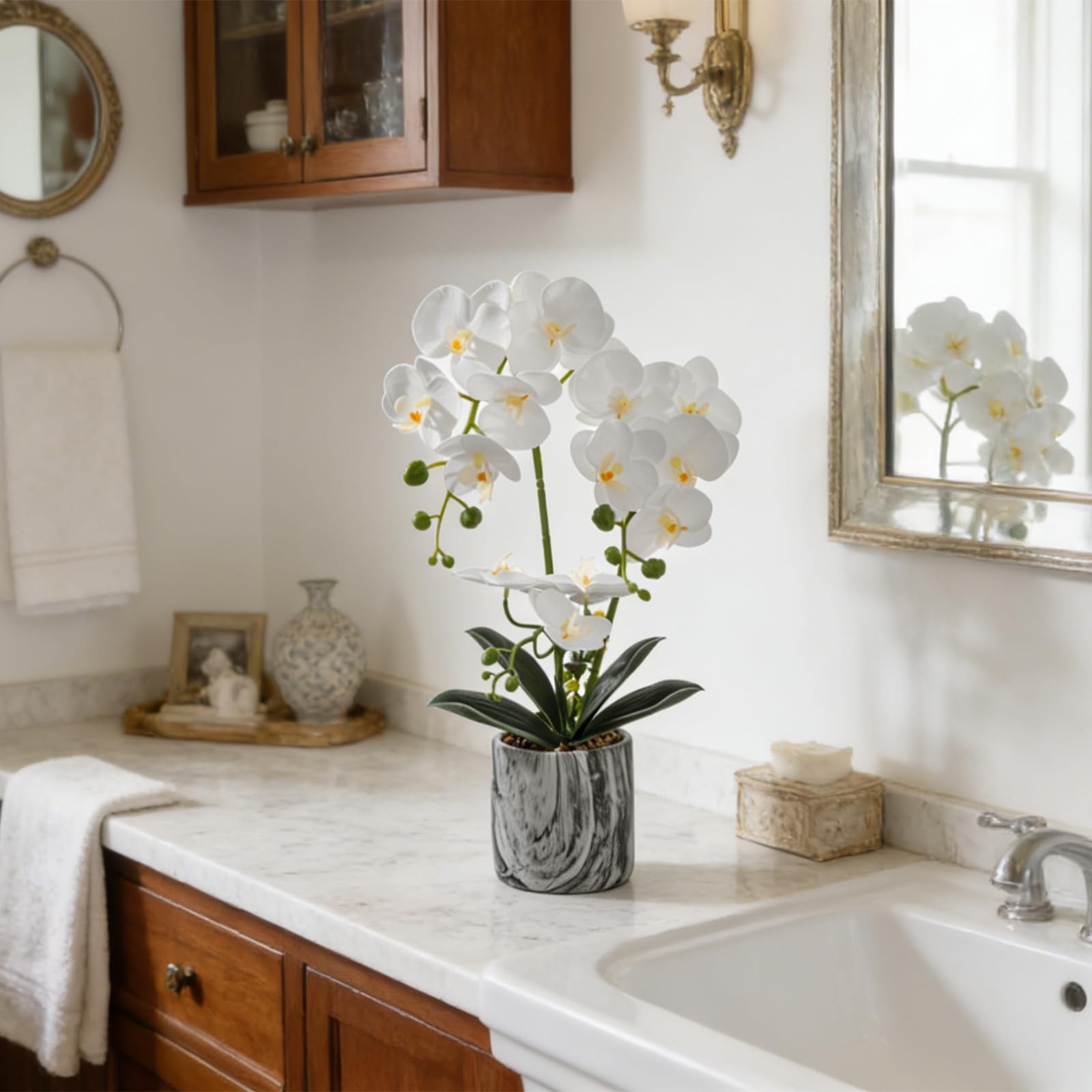 White 16.5 Inch Faux Silk Artificial Orchids Flowers Phalaenopsis Pot Decor