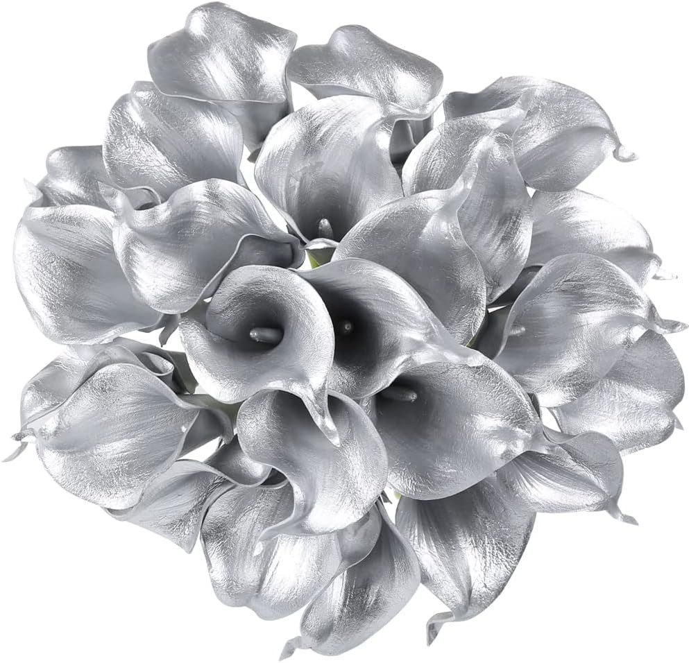 Silver Calla Lily Artificial Flowers, 24pcs for DIY Wedding Bouquets, Centerpiec