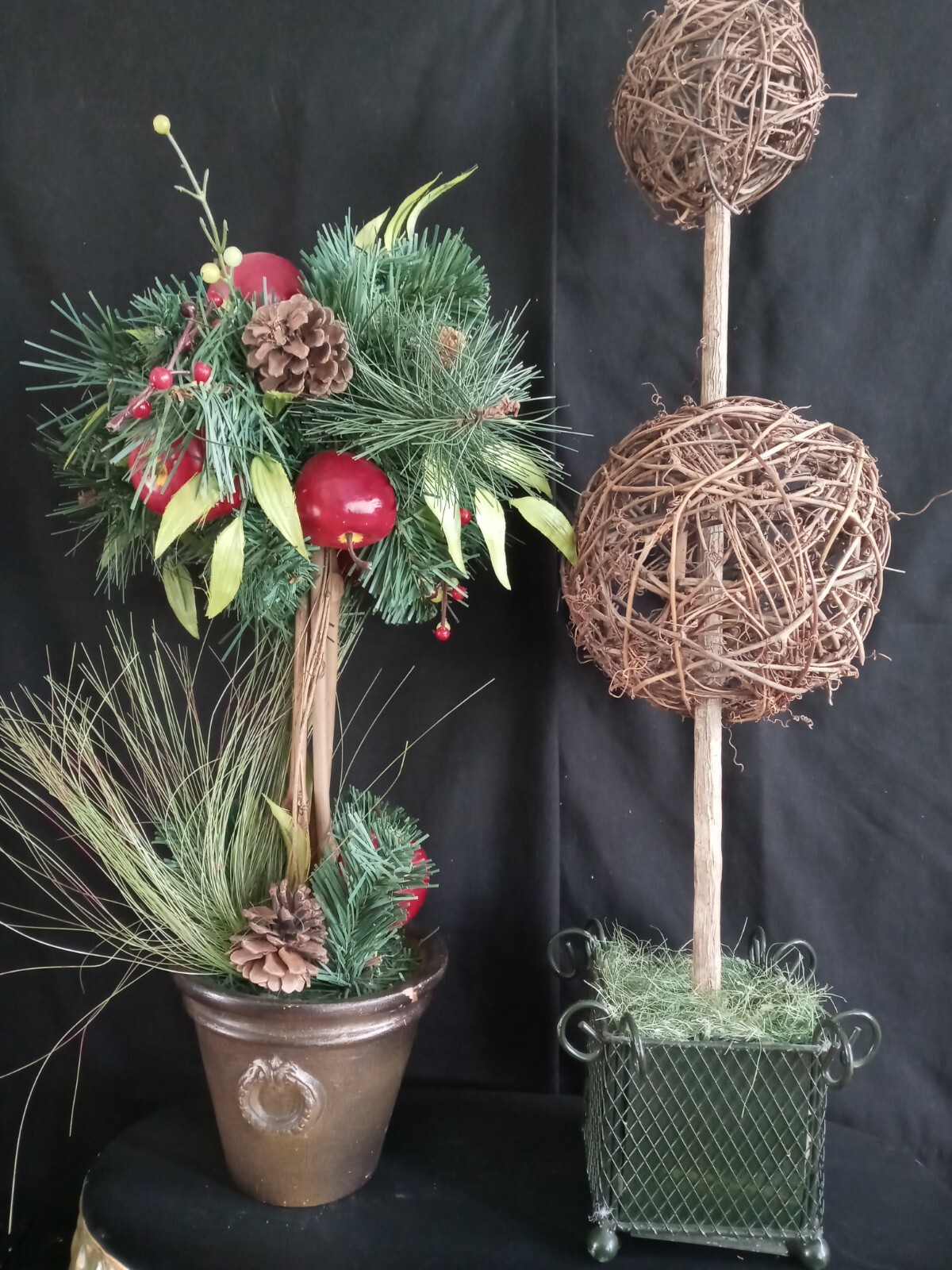 lot of 3 Topiaries 2 (18″) Apple Pinecone 1 ( 24″) Double Grapevine Topiary