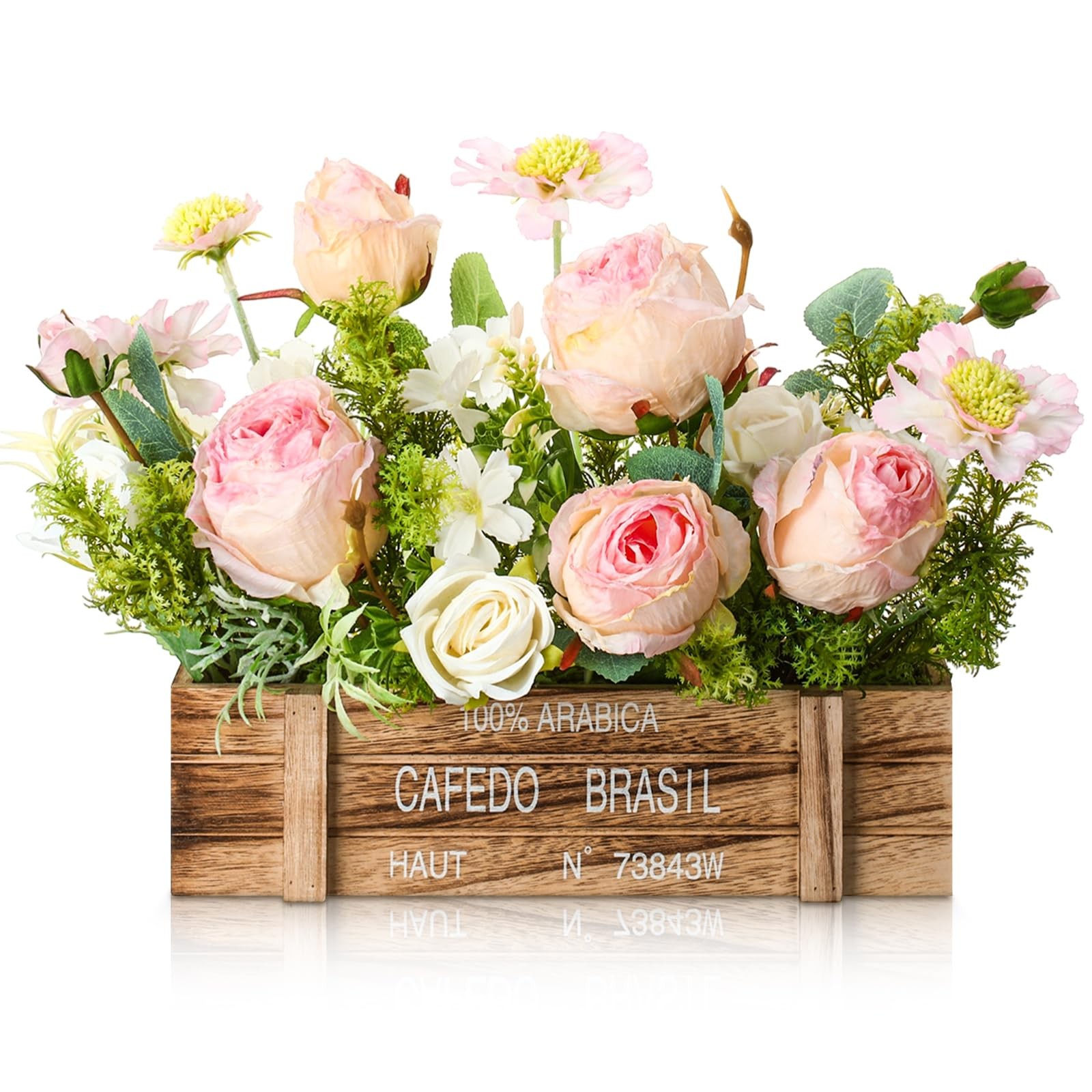 17.72 Inch Rustic Wood Tray Artificial Flowers Floral Table Centerpiece Decor
