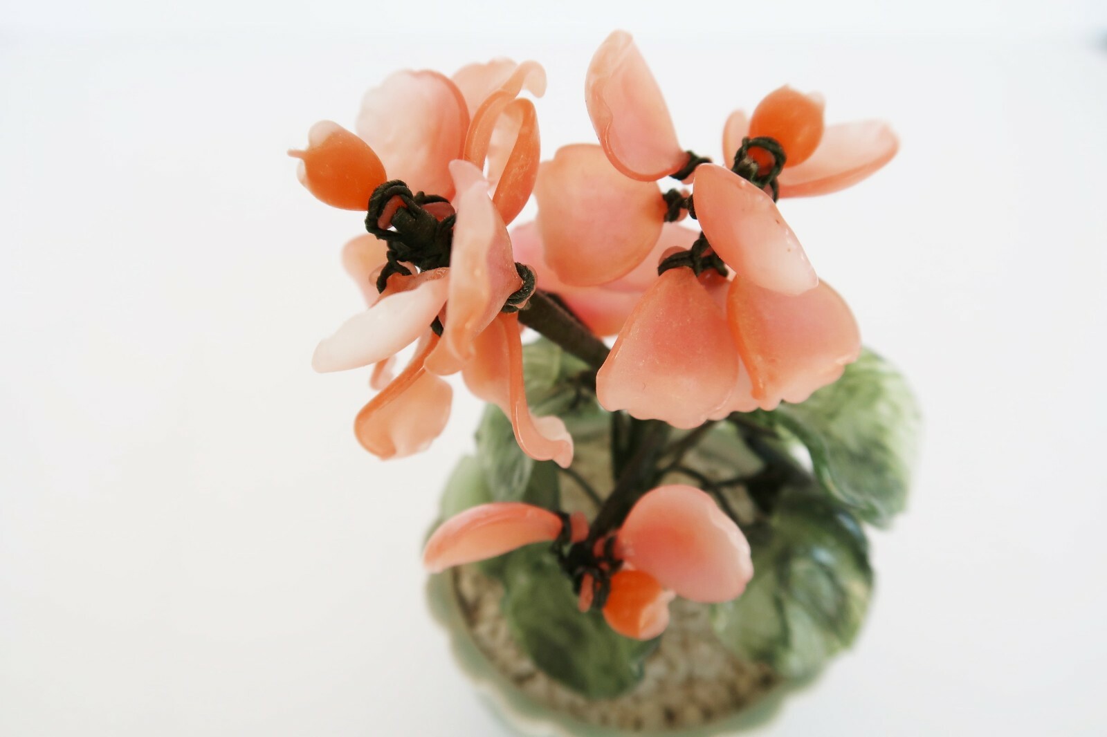 Vtg peach & green glass hand crafted artificial floral potted plant bonsai tree
