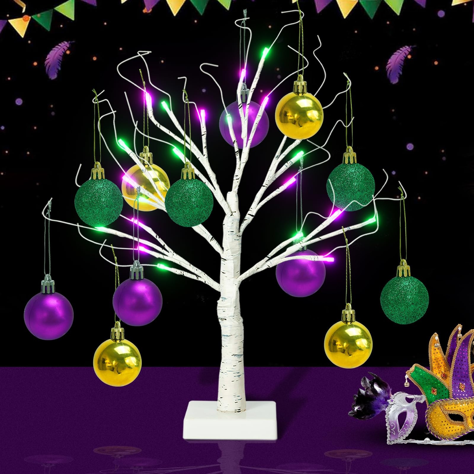 [Timer] 24” Mardi Gras Lighted Tabletop Birch Tree with 12pcs Ball Ornaments…