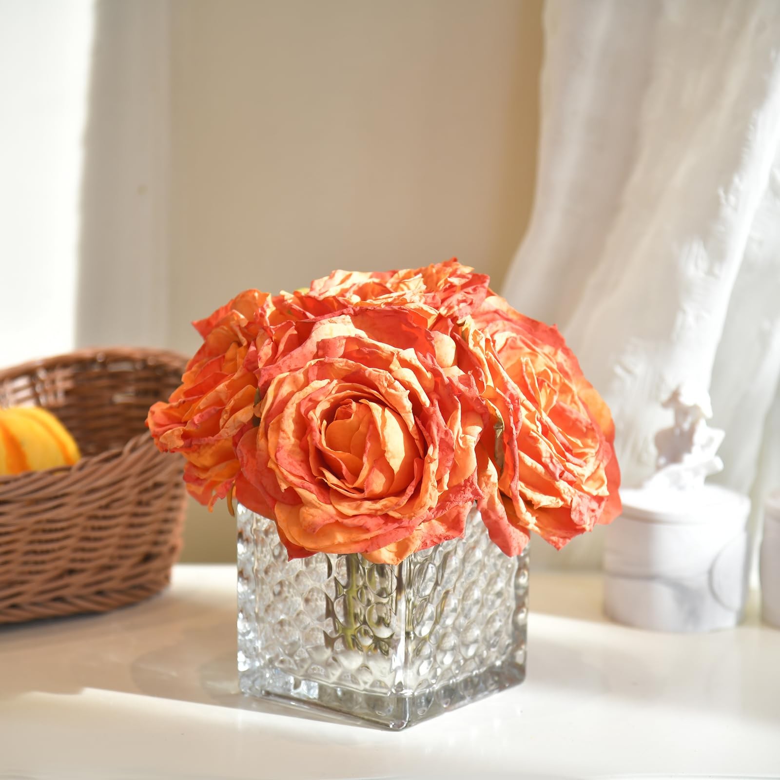 Artificial Rose in Glass Vase Vintage Silk Flower Arrangement with LED Light …