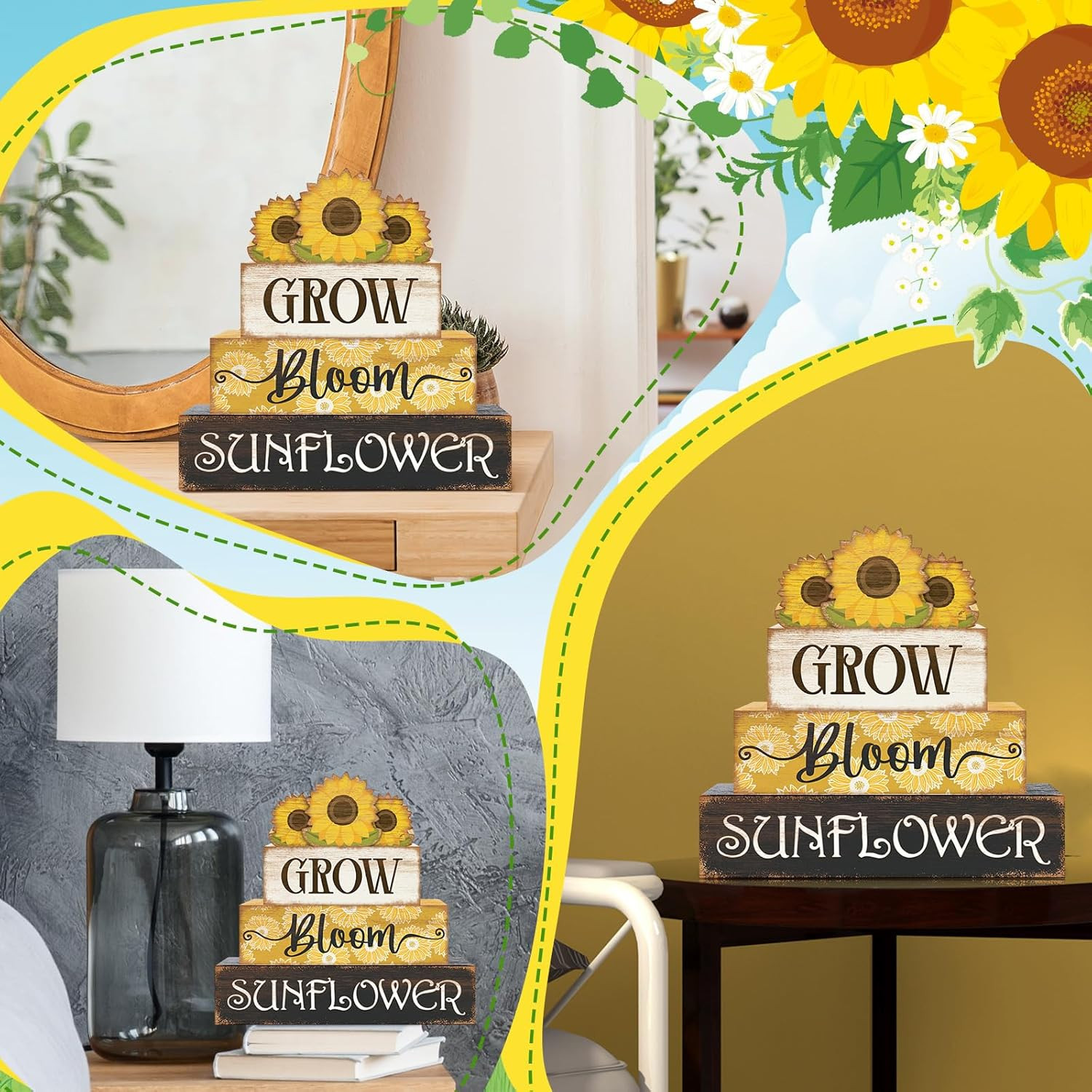 Sunflower Tiered Tray Decor Set Summer Wooden Sign Book Stack 4pc