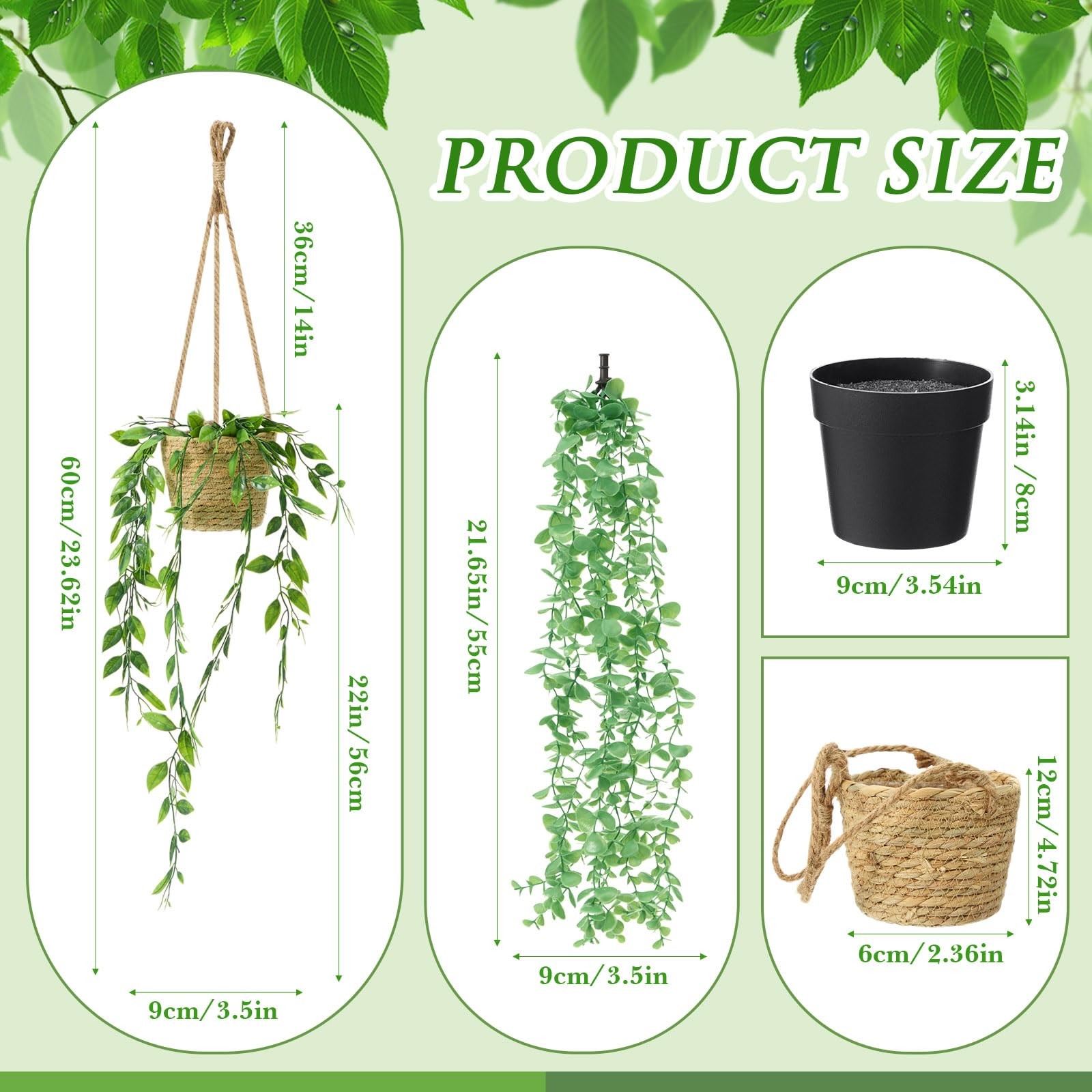 6 Set Mini Fake Hanging Plants with Woven Basket Boho Artificial Ivy Faux Vin…