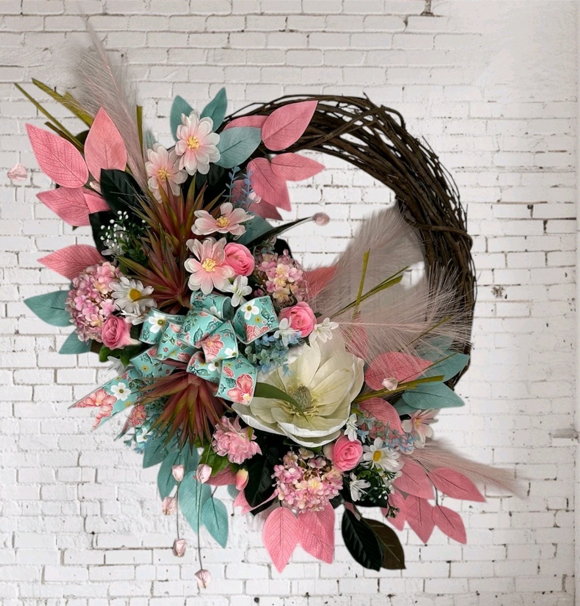 Summer Magnolia Wreath for Front Door, Pink Floral Grapevine Wreath, Cottage