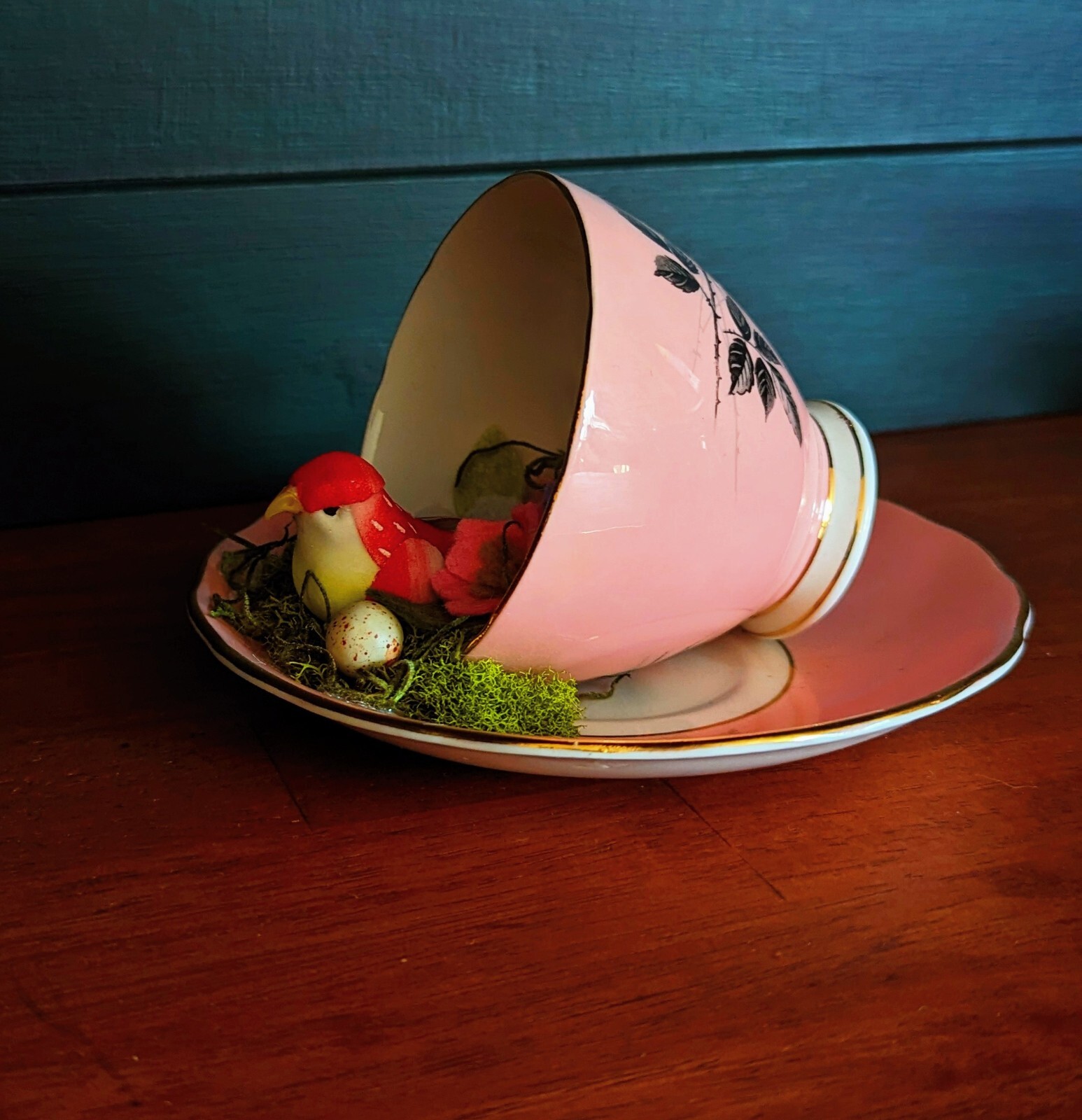 Home decor Teacup, felt flowers and bird nestled in moss & tiny egg, Gift Idea!